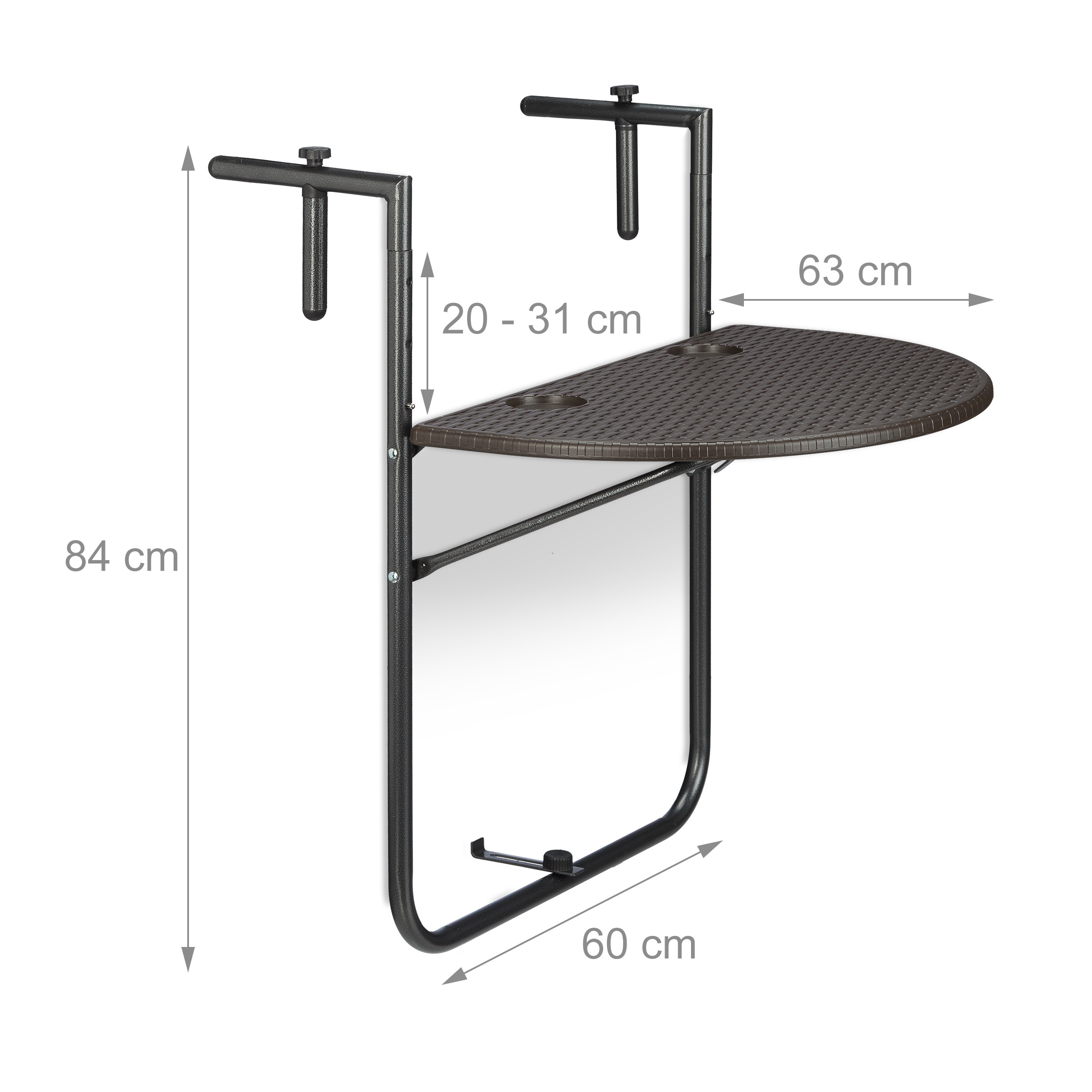 Diagramm eines braunen Balkontischs mit Maßen: 84 cm hoch, 63 cm breit und zwei integrierten Haltern.