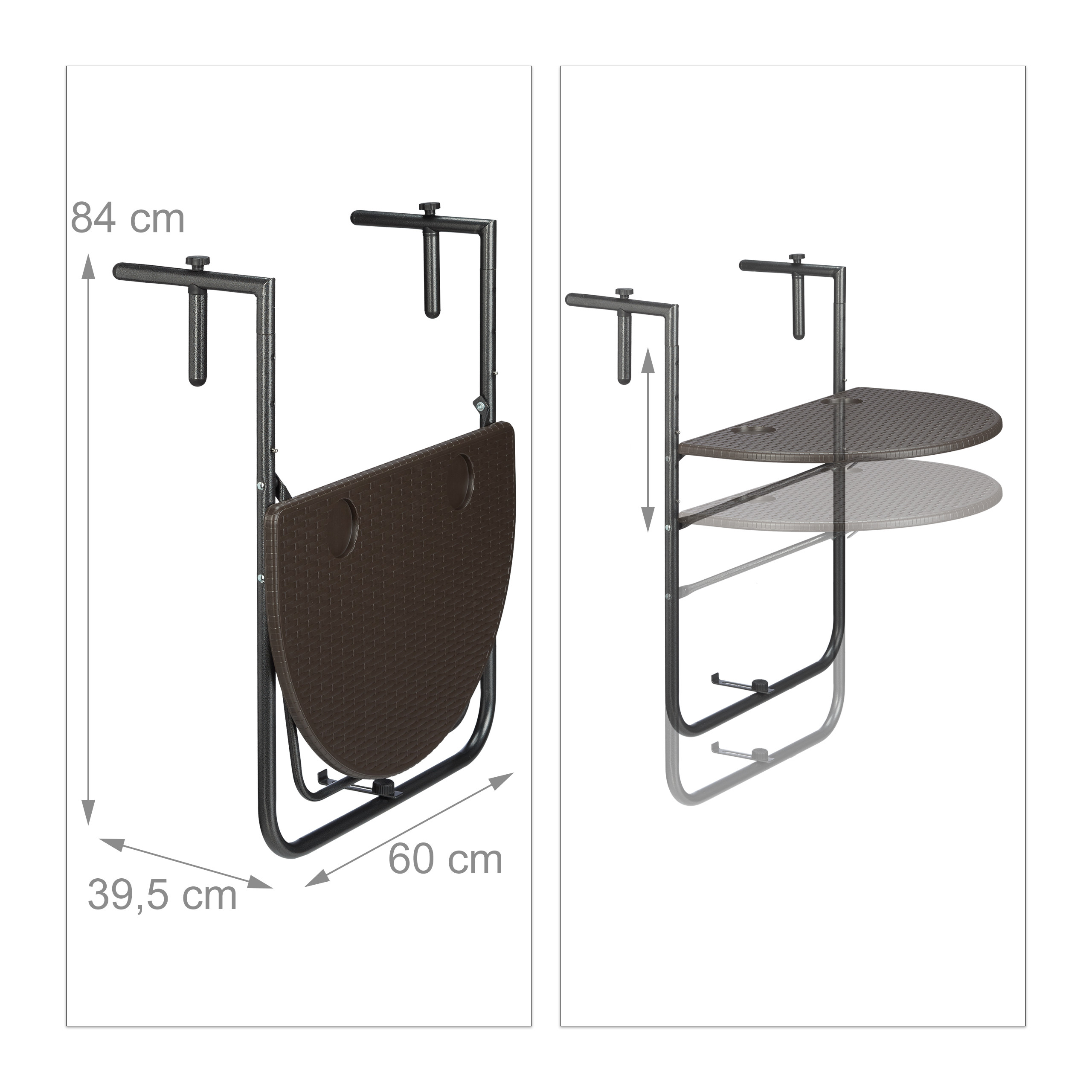 Technische Zeichnung eines Klapp-Balkontisches mit den Maßen 84 cm Höhe, 60 cm Breite und 39,5 cm Tiefe.