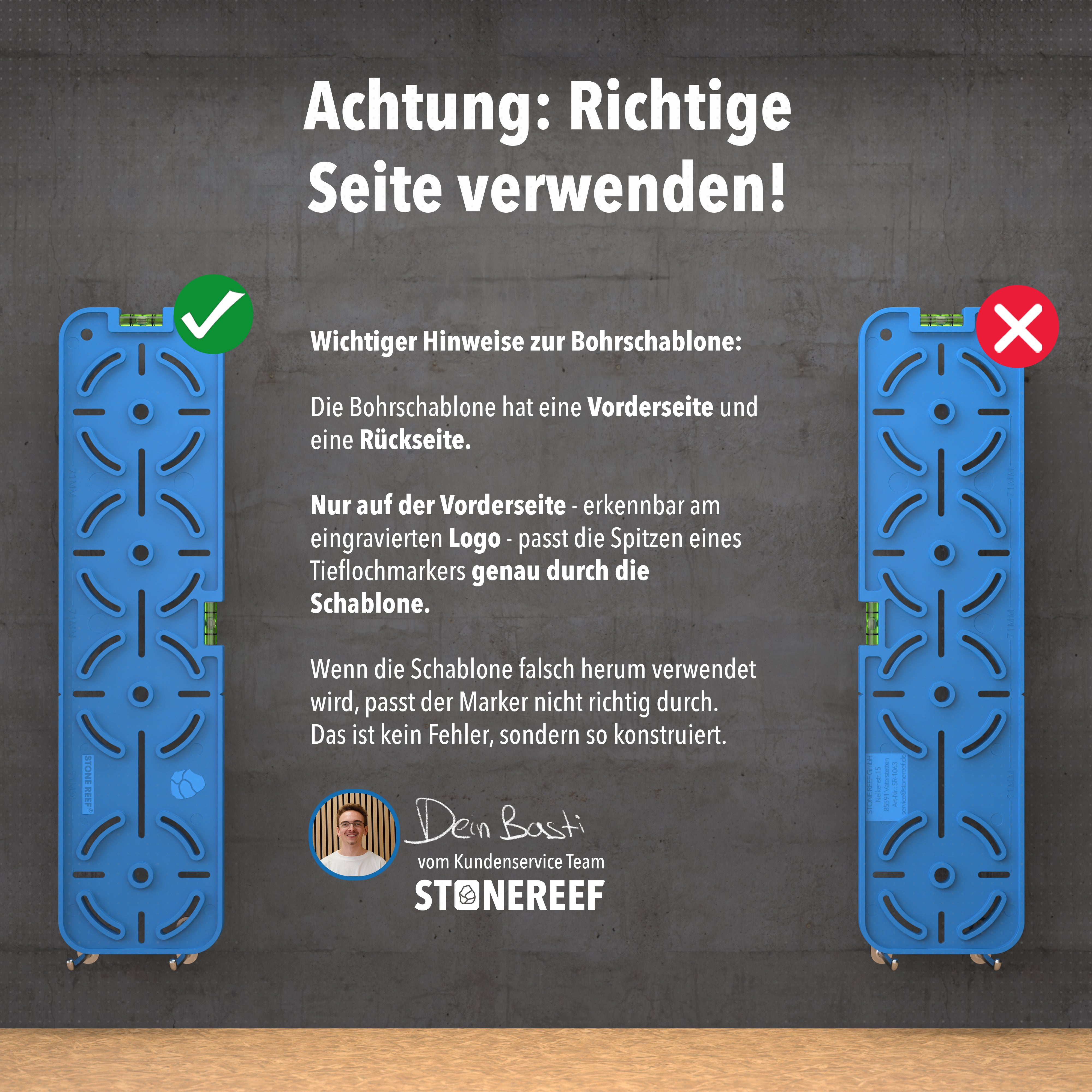 Infografik zeigt die richtige und falsche Anwendung einer blauen Bohrschablone vor einer grauen Betonwand.