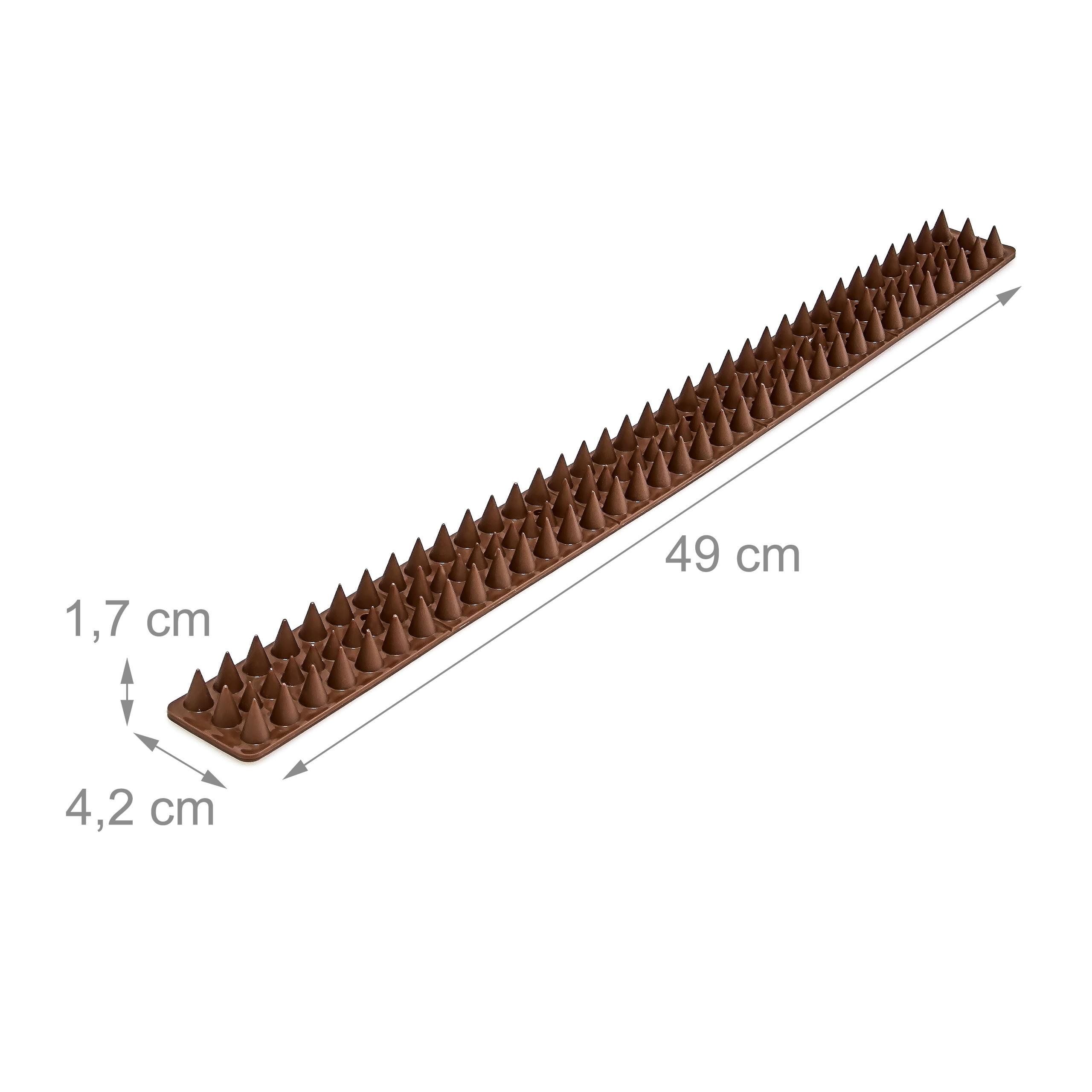 Braune Taubenabwehrleiste mit Maßen: 49 cm lang, 4,2 cm breit, 1,7 cm hoch.