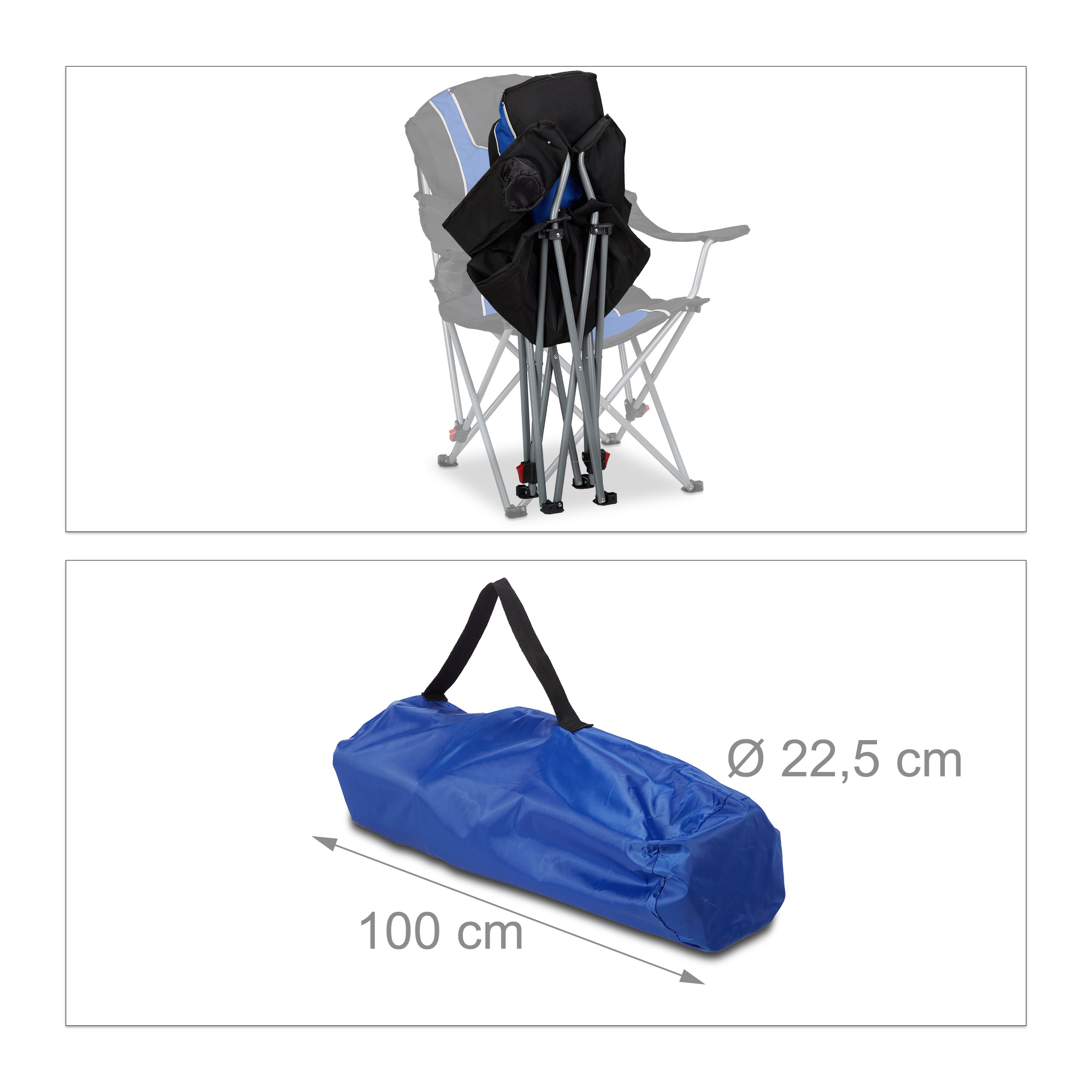 Ein zusammengeklappter blauer Campingstuhl und eine blaue Transporttasche mit Maßangaben.