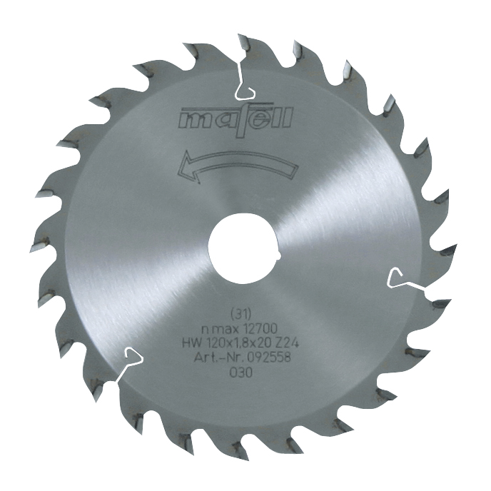 Rundes Kreissägeblatt aus Metall mit Zähnen, Markenlogo und technischen Daten auf weißem Hintergrund.