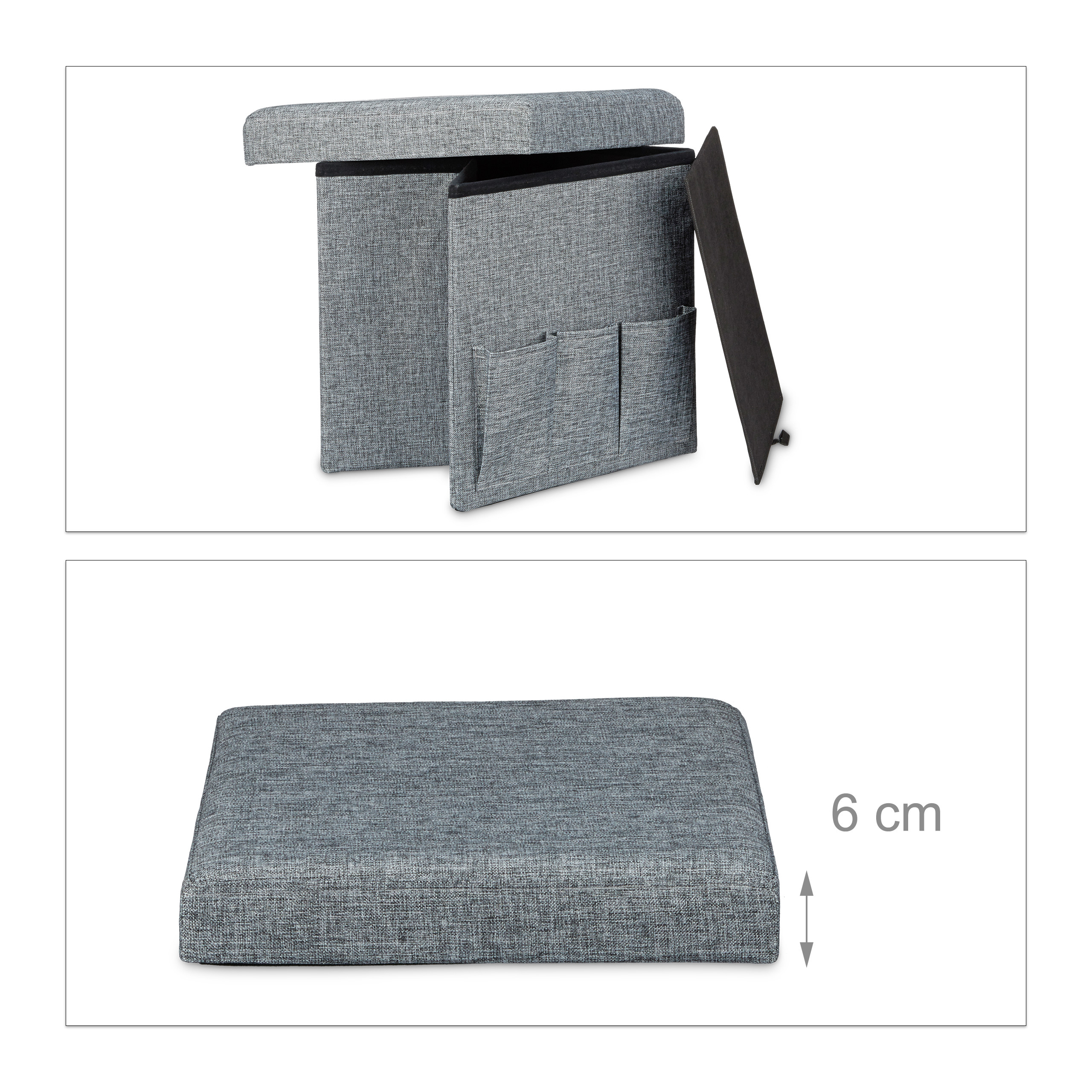 Grauer Hocker mit Staufach und Seitentaschen, sowie flach zusammenklappbare Version mit 6 cm Höhe.