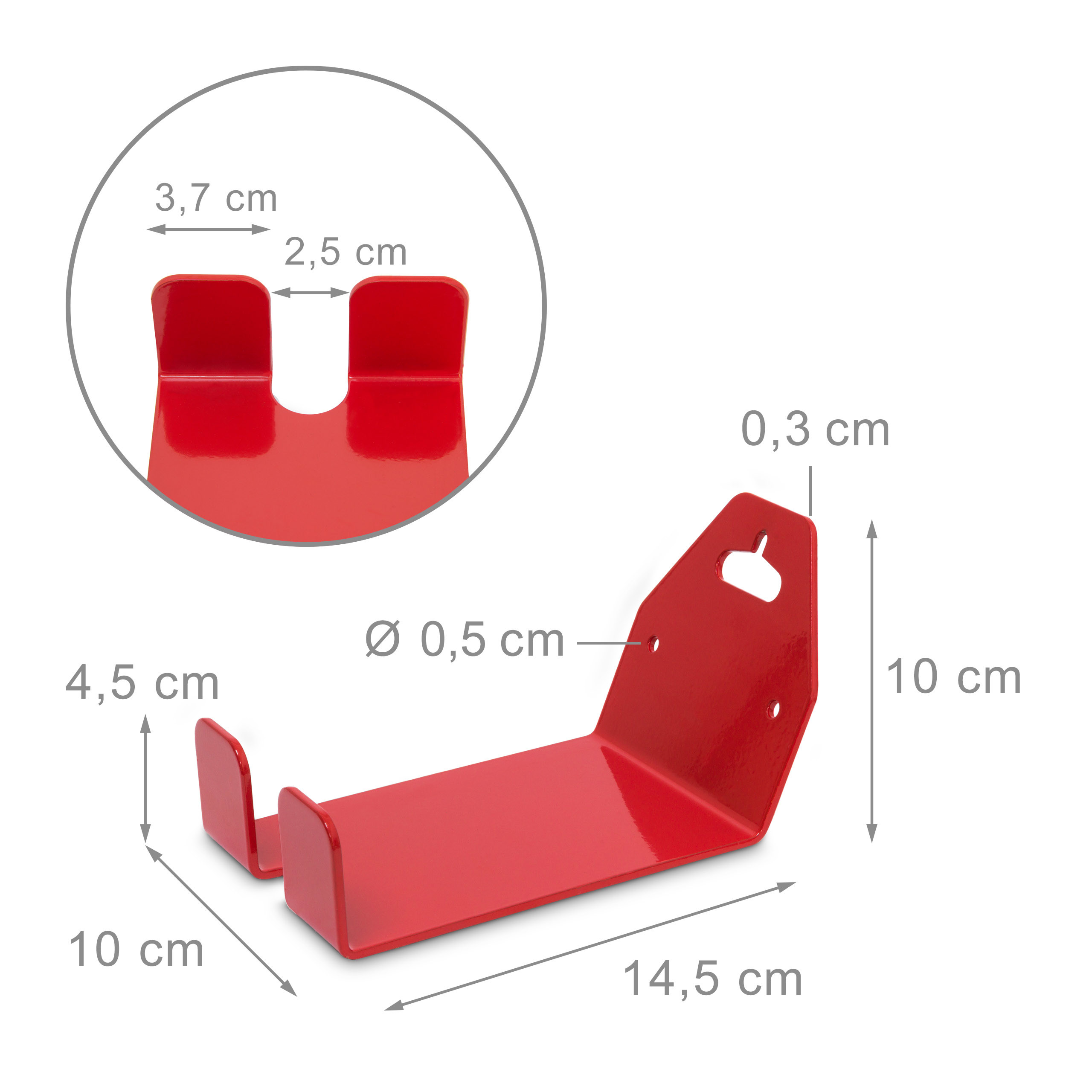Roter Metallwandhalter mit Maßen, Detailansicht zeigt obere Aussparung.