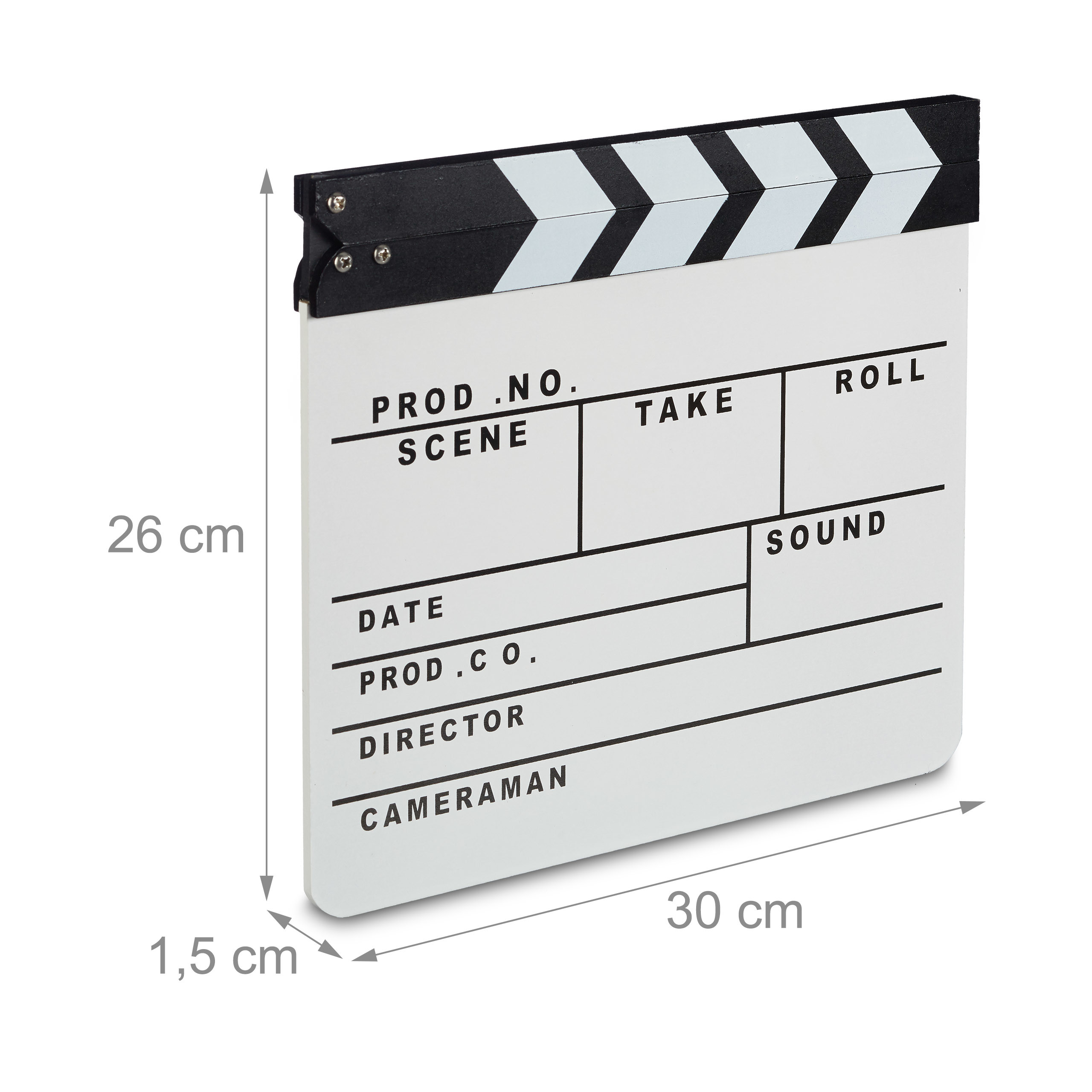 Weißer Filmklapper mit schwarzen Streifen und Maßen: 26 cm Höhe, 30 cm Breite, 1,5 cm Dicke.