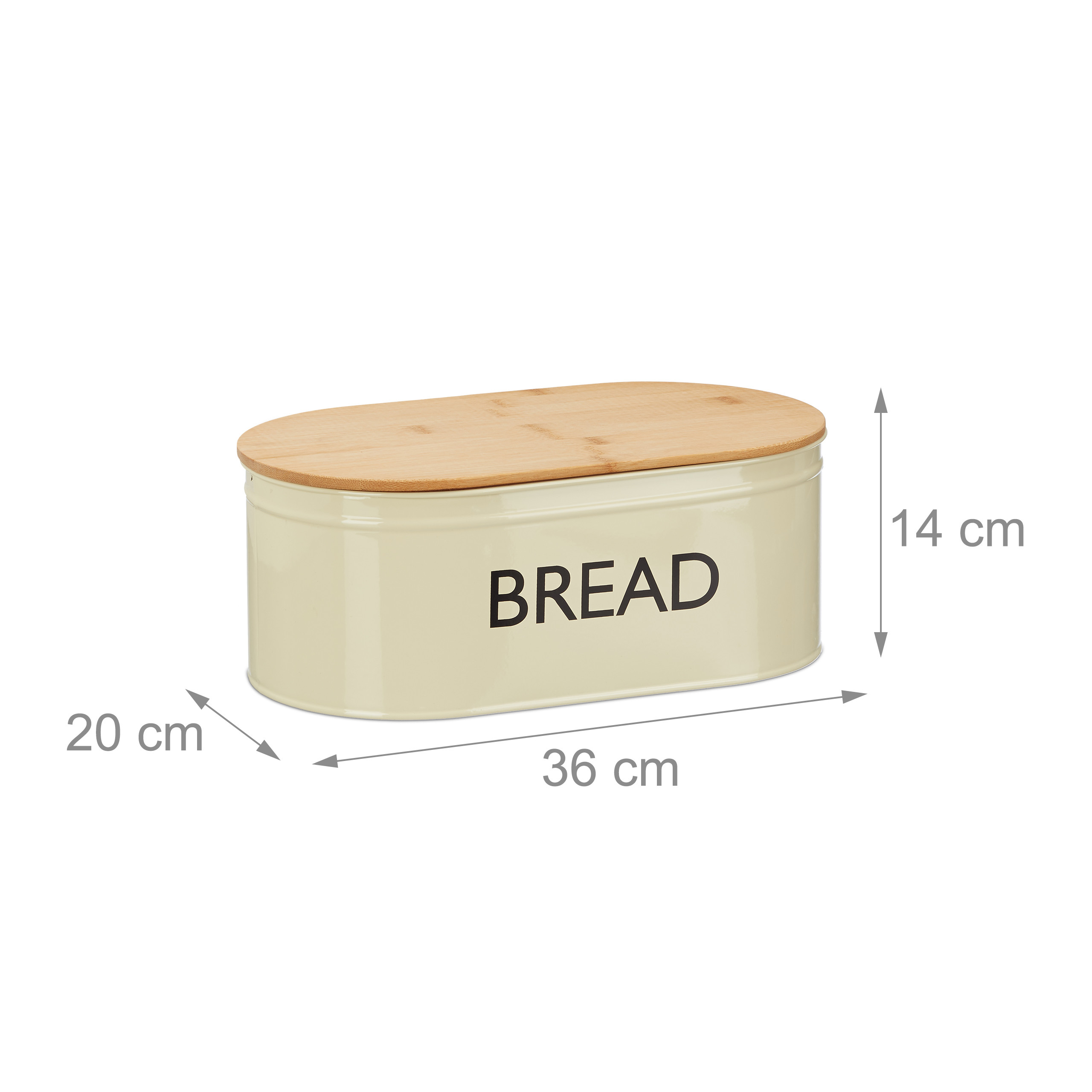 Beigefarbener Brotkasten mit Holzdeckel, beschriftet mit BREAD, Maße 36x20x14 cm auf weißem Hintergrund.