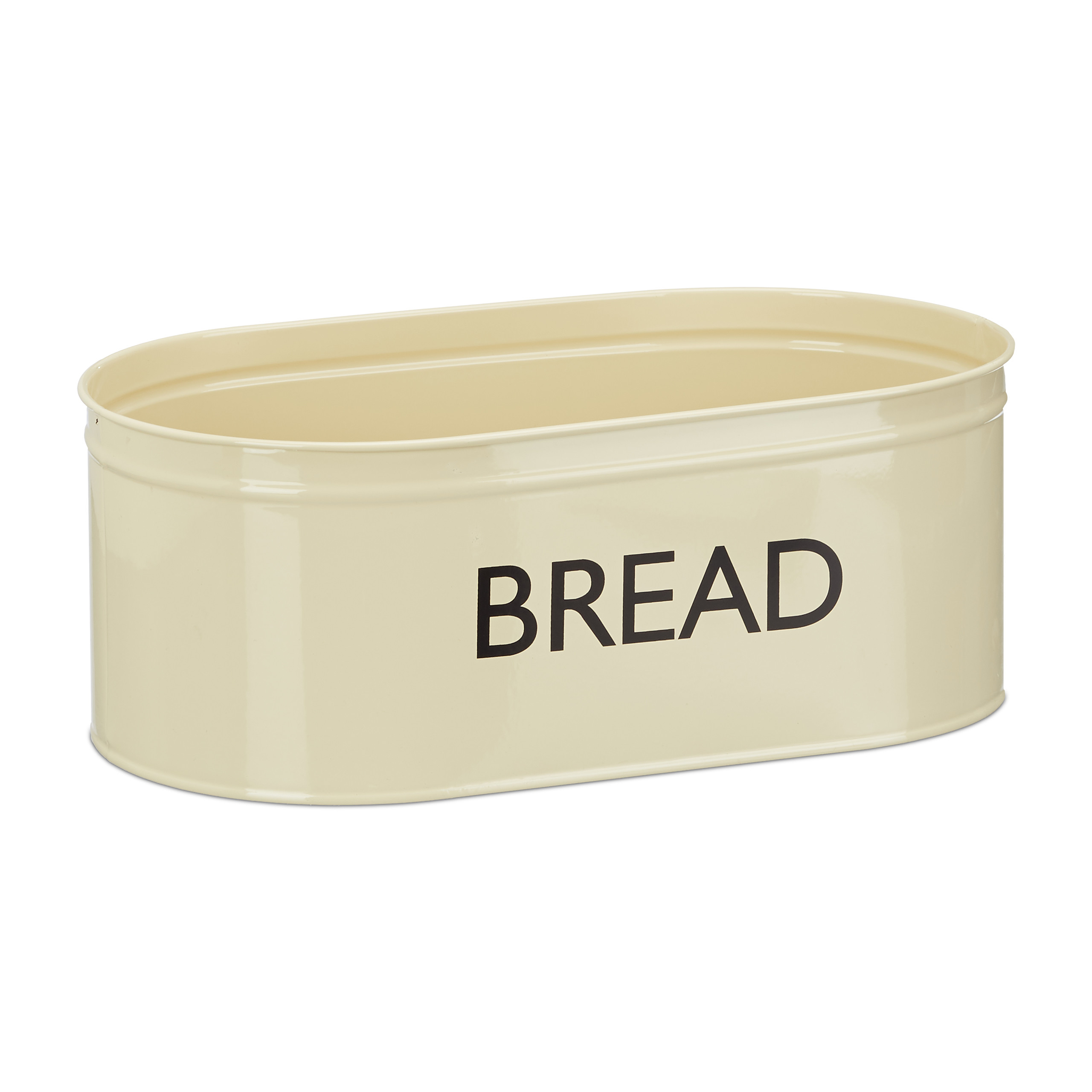 Ein ovaler, cremefarbener Brotbehälter aus Metall mit der Aufschrift BREAD.