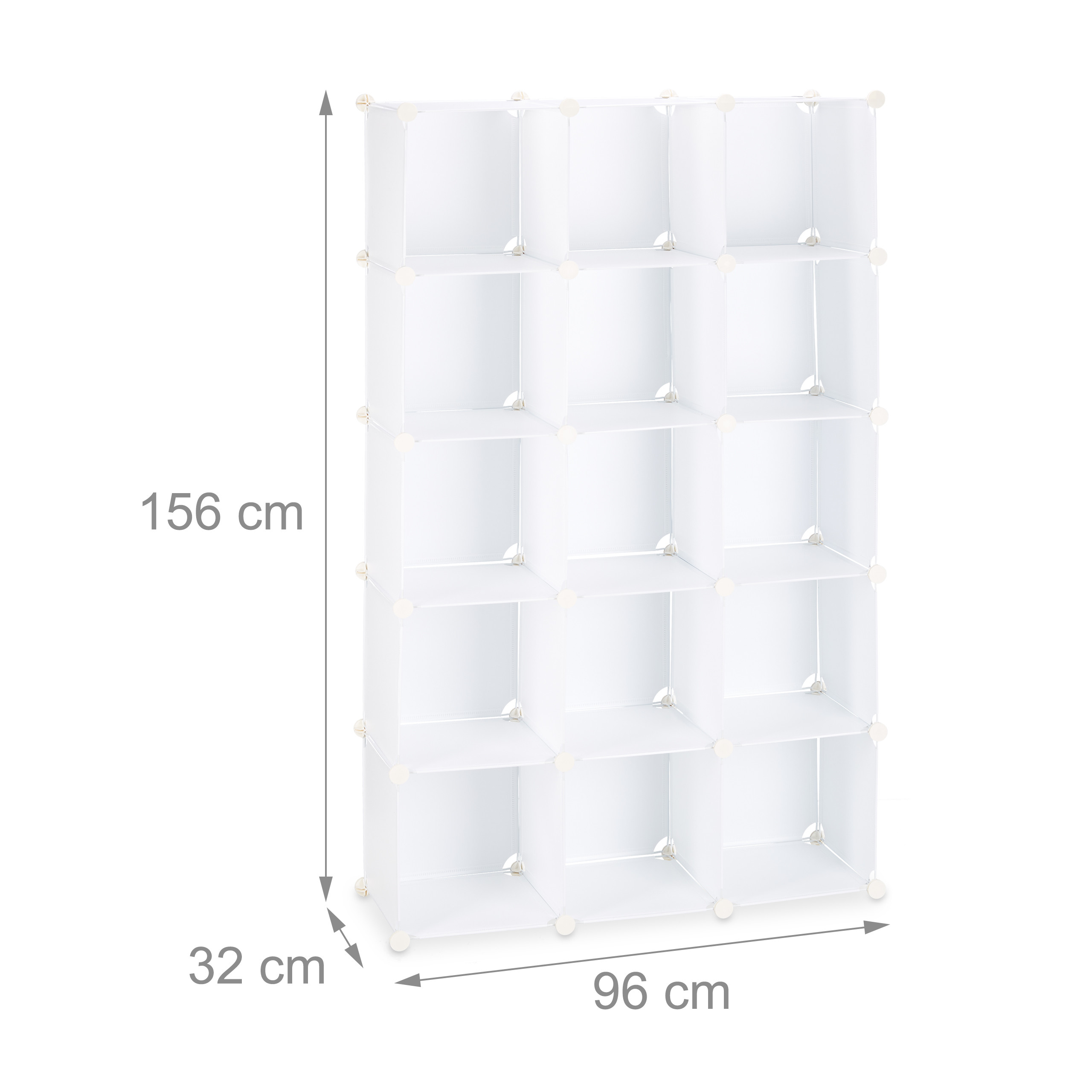 Weißes modulares Regalsystem mit 15 Fächern und Maßangaben in cm: 156 Höhe, 96 Breite, 32 Tiefe.