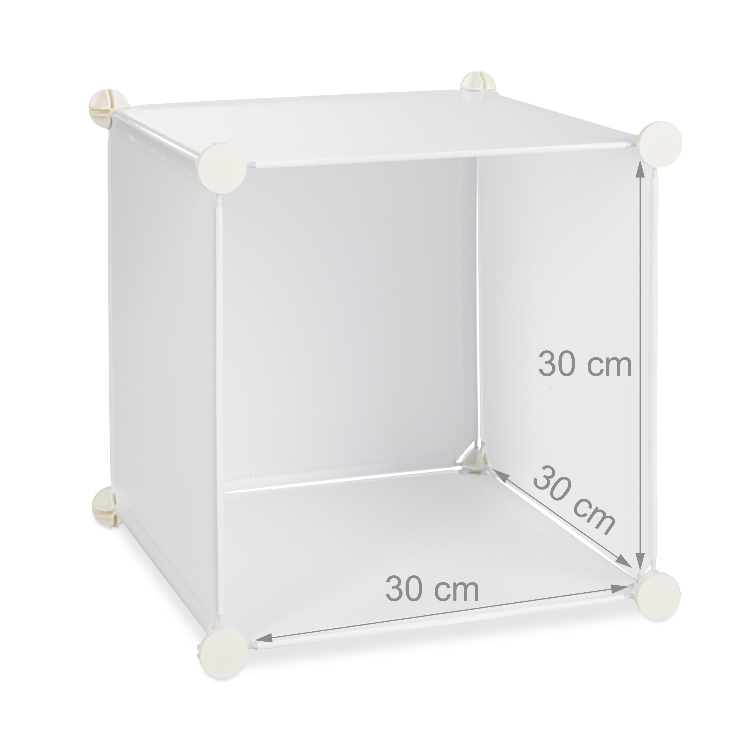 Ein weißes quadratisches Aufbewahrungsmodul mit 30 cm Seitenlänge, verbunden durch weiße Eckstücke.