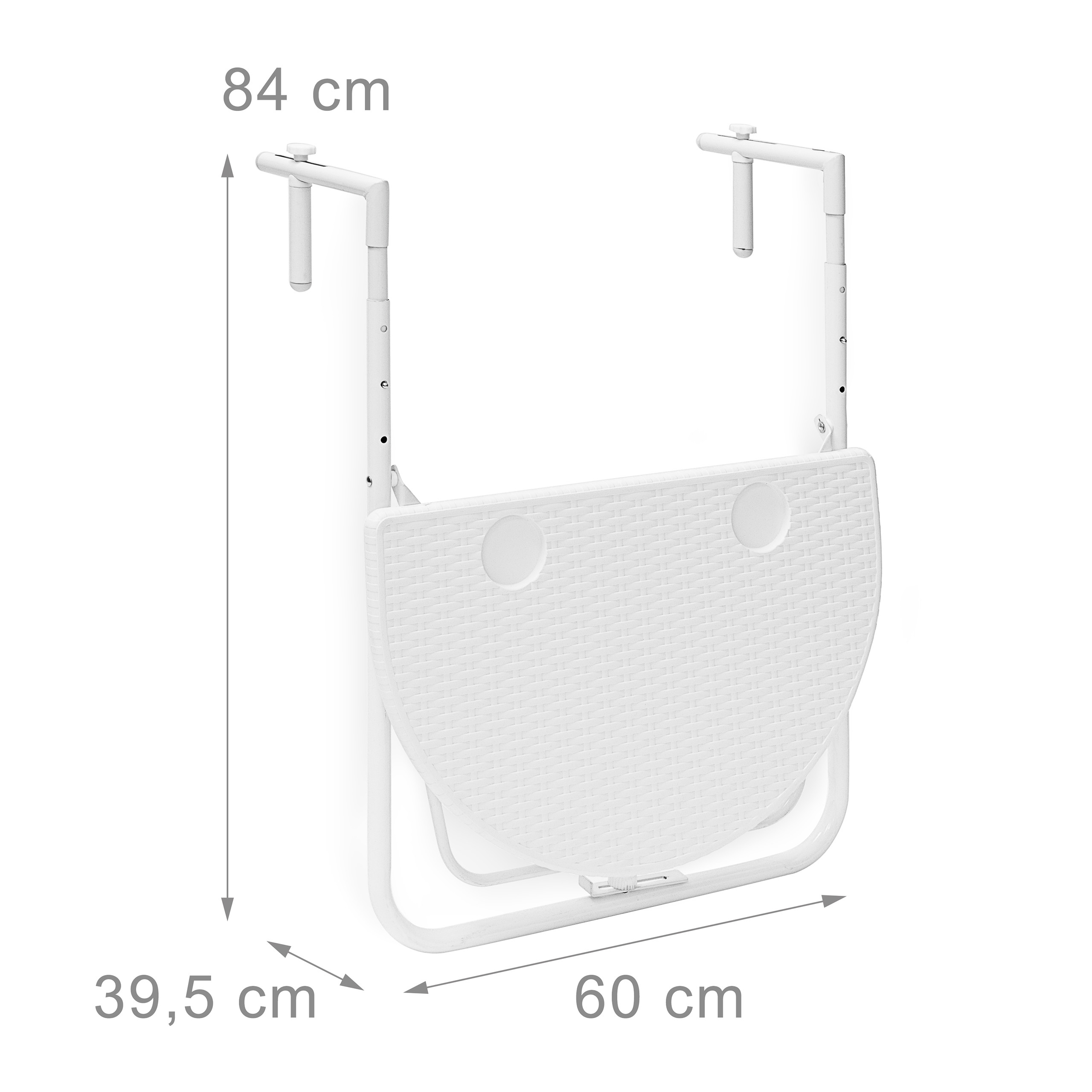 Weißer Balkonhängetisch mit Maßen: Höhe 84 cm, Breite 60 cm, Tiefe 39,5 cm.