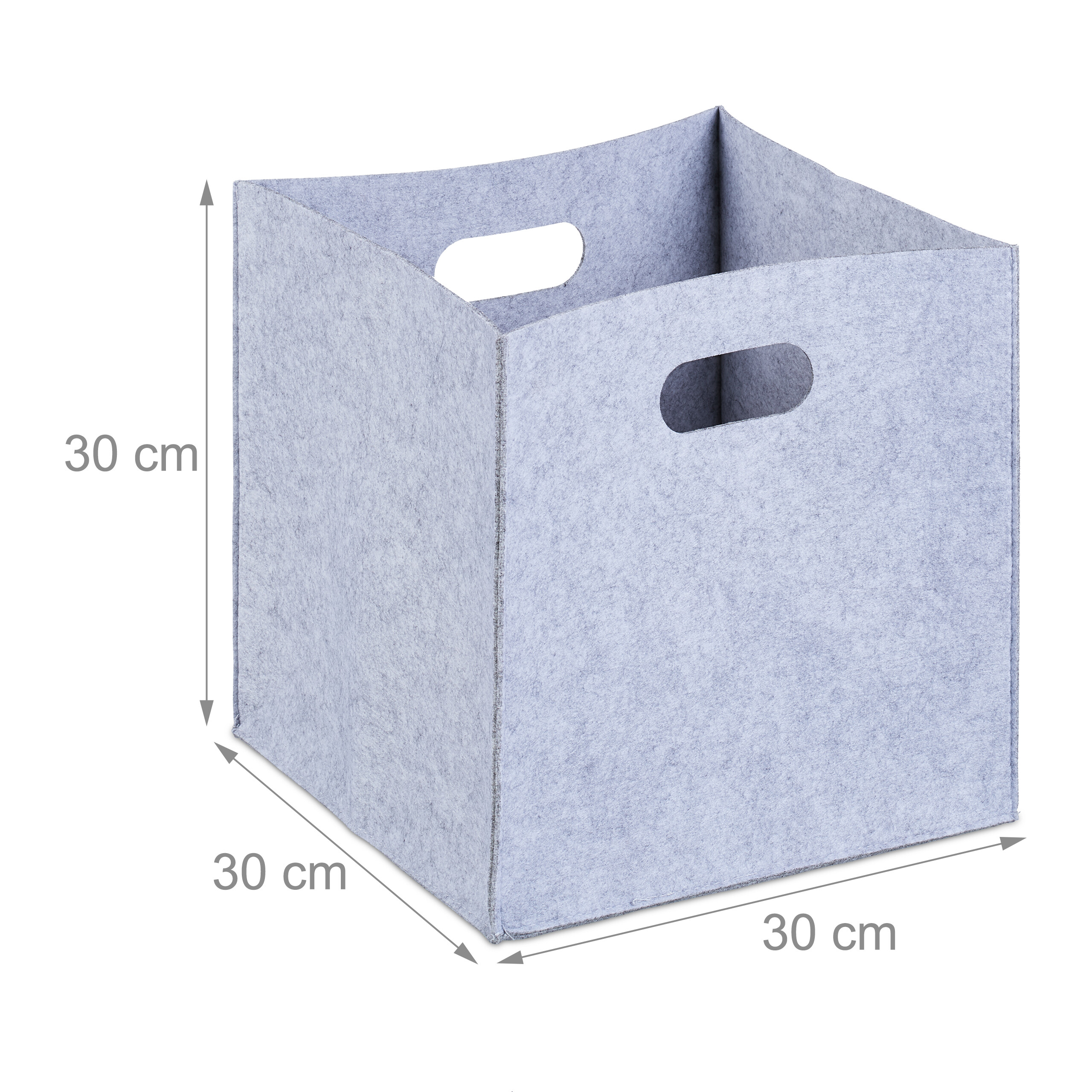 Eine hellgraue Filz-Aufbewahrungsbox mit Griffen und Maßen von 30 cm auf jeder Seite.