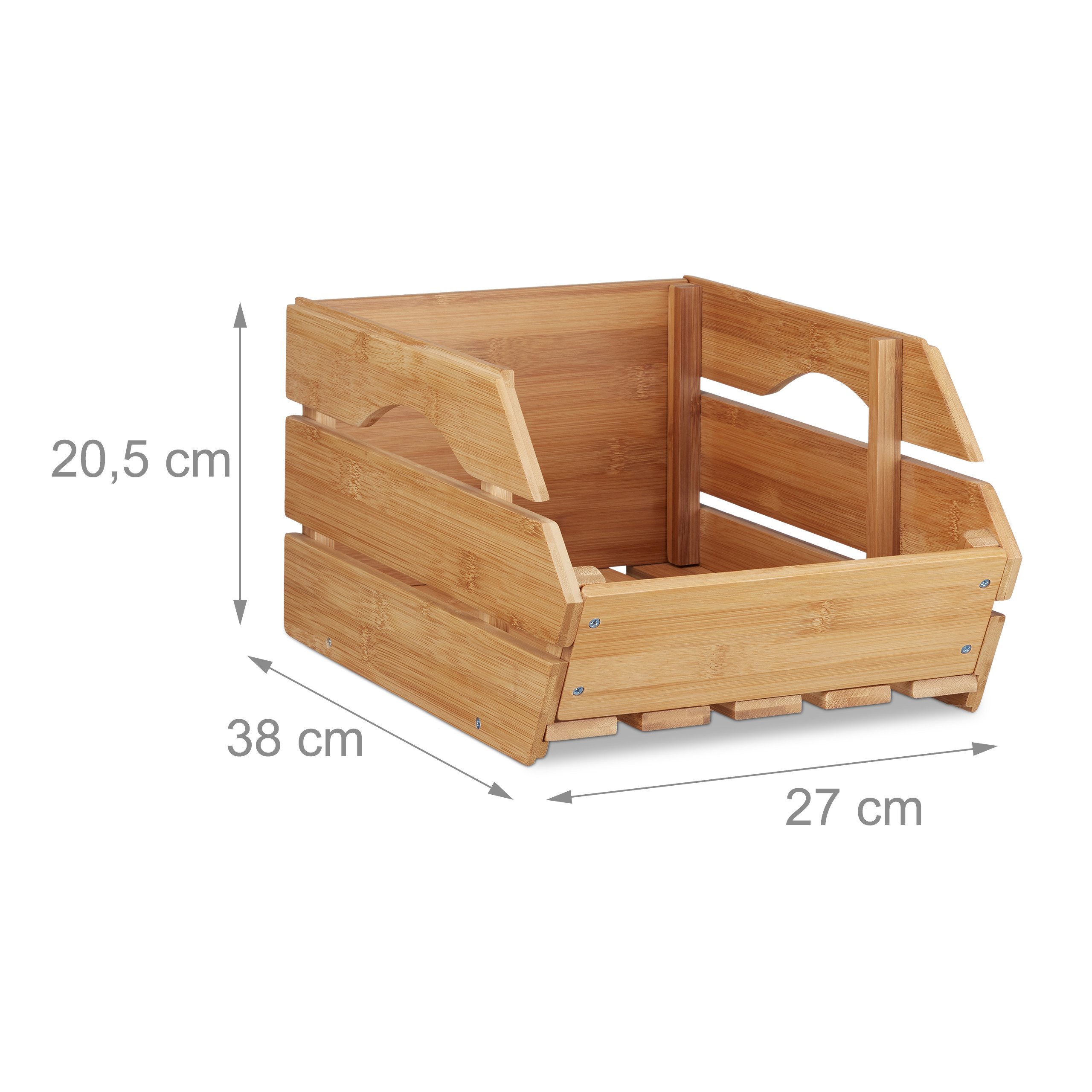 Eine Holzlagerkiste mit den Maßen 20,5 cm Höhe, 38 cm Länge und 27 cm Breite vor weißem Hintergrund.