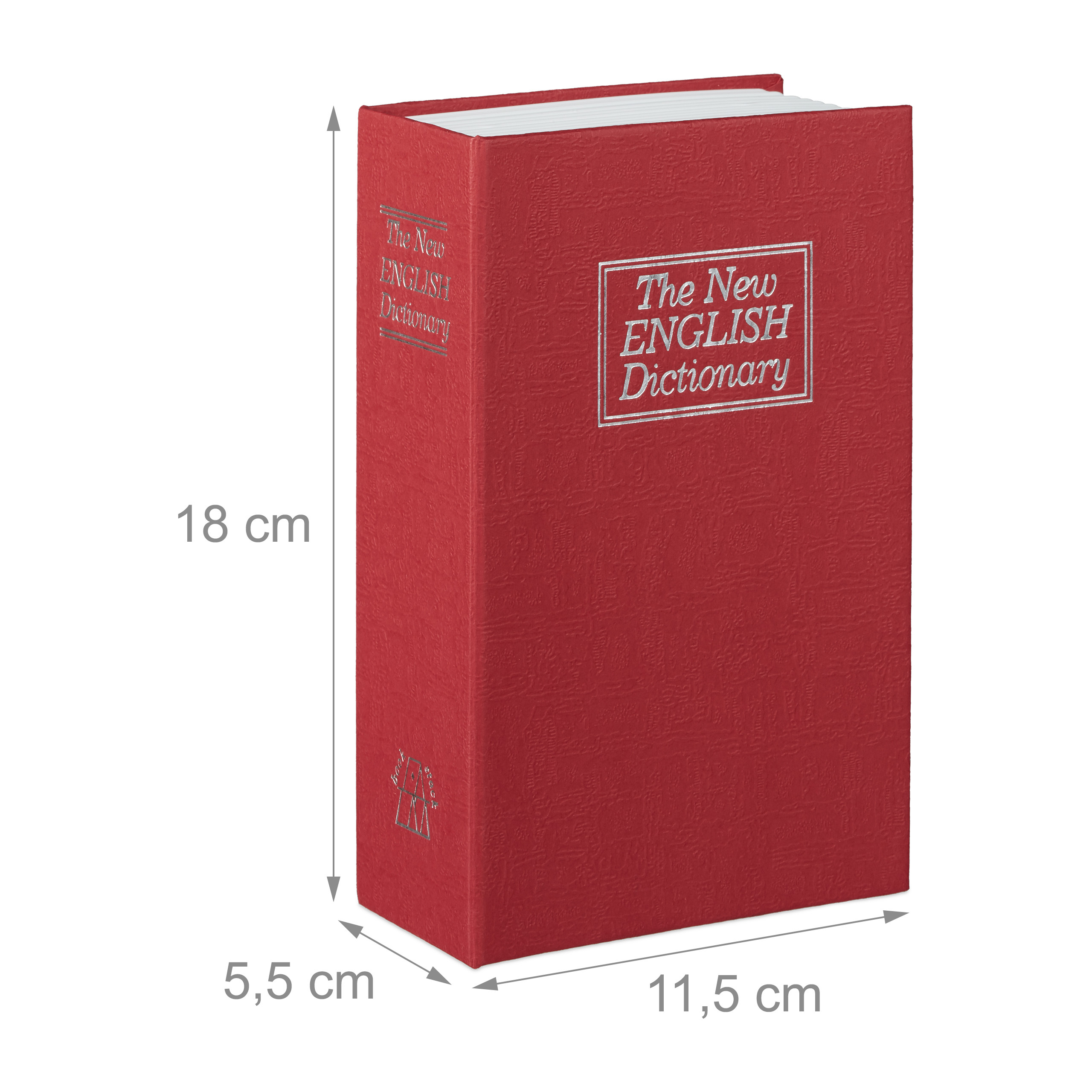 Rotes New English Dictionary mit silbernem Text und Abmessungen 18x11,5x5,5 cm.