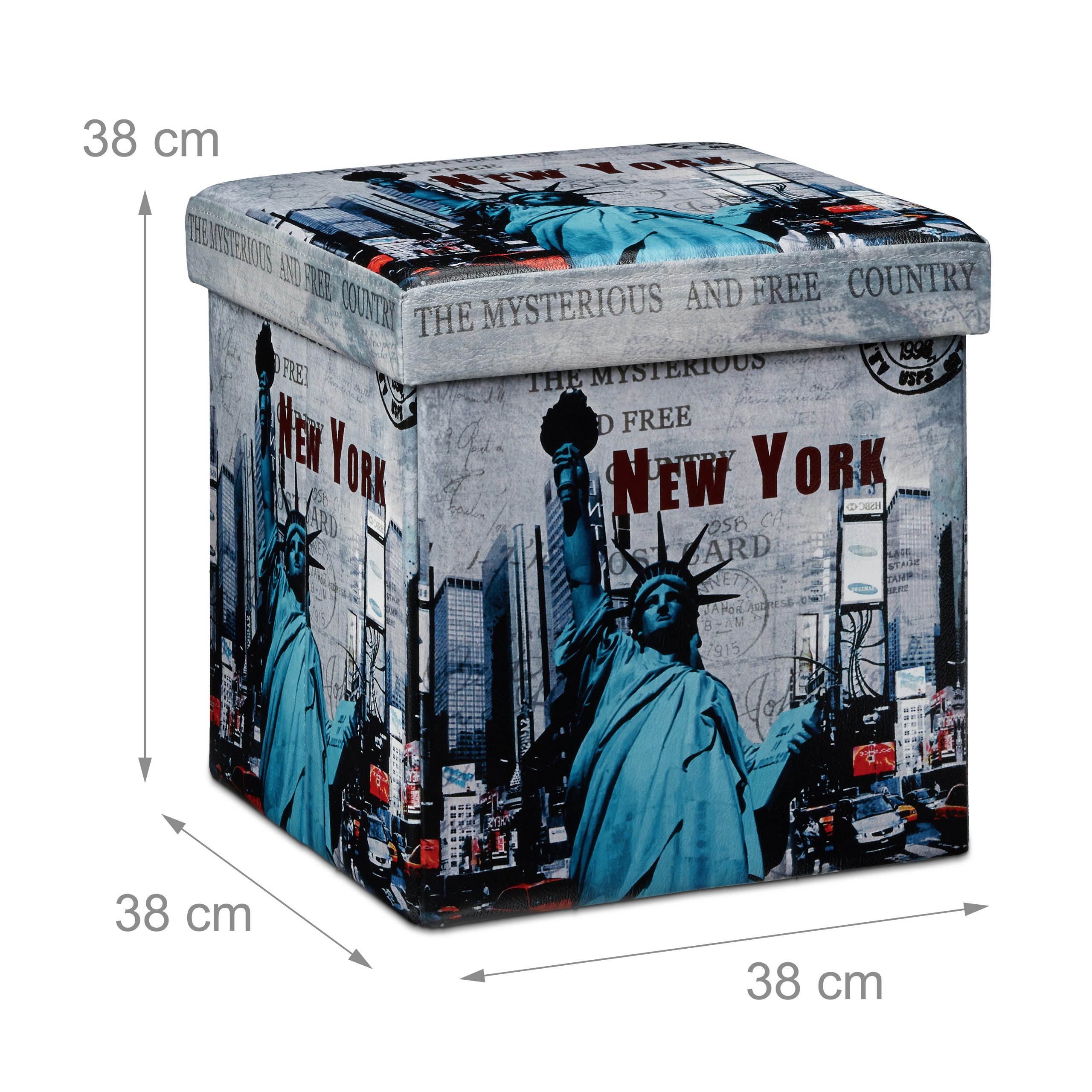 Eine quadratische Aufbewahrungsbox mit New York und Freiheitsstatue-Motiven und 38 cm Maßpfeilen.