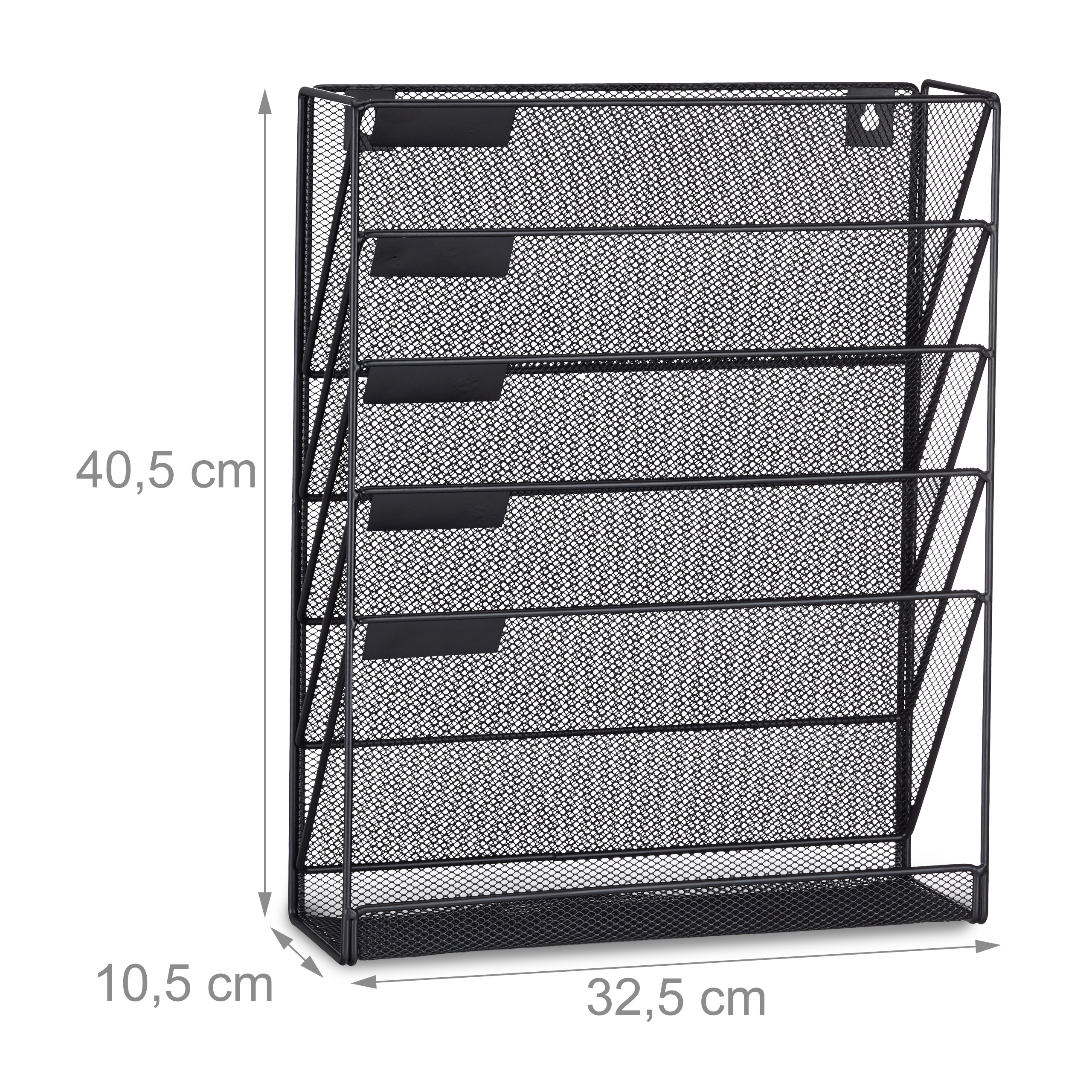 Schwarzer Wandorganizer aus Metallgitter mit fünf Fächern und Maßangaben.