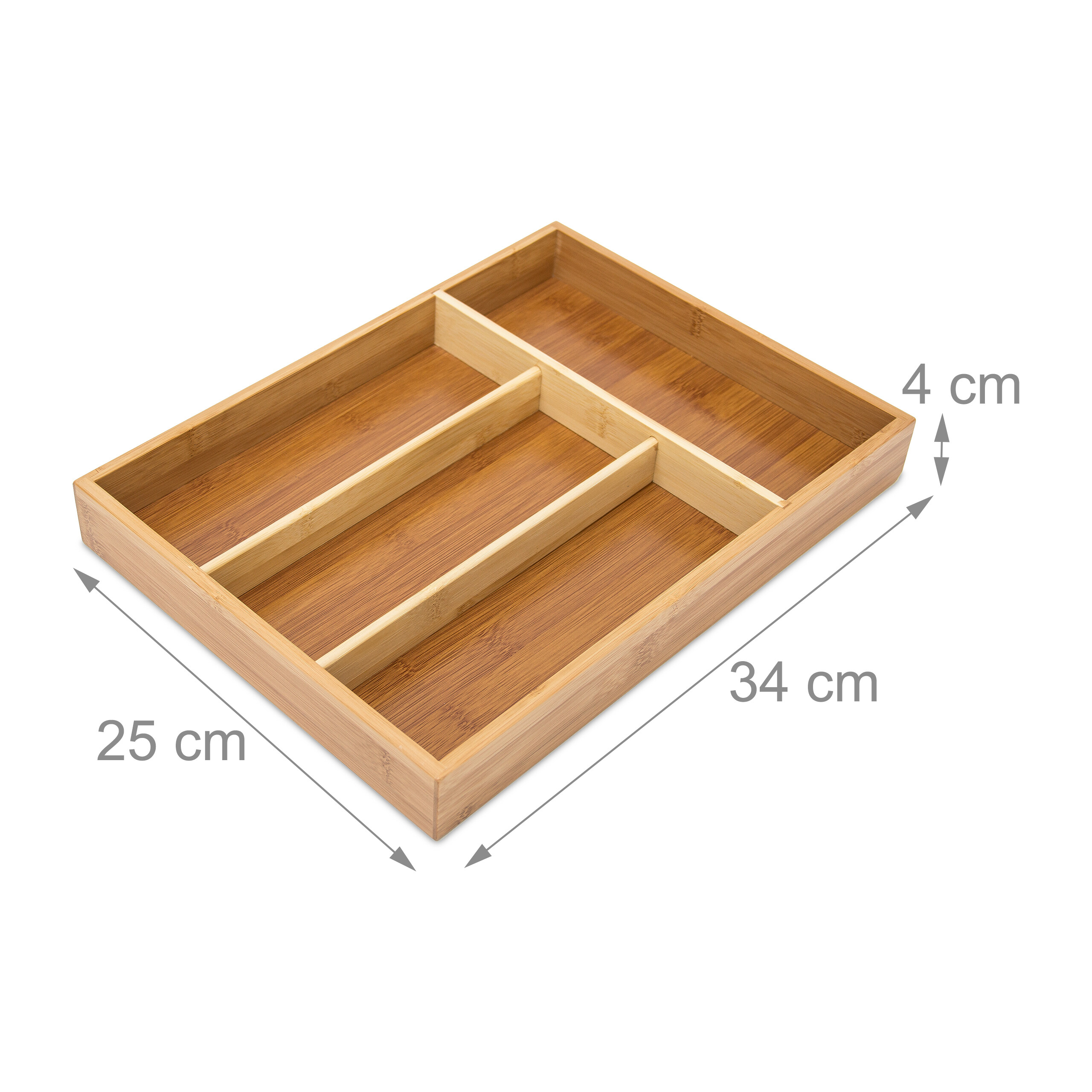 Ein rechteckiger Besteckkasten aus Bambus mit Fächern und Maßangaben von 25x34x4 cm.