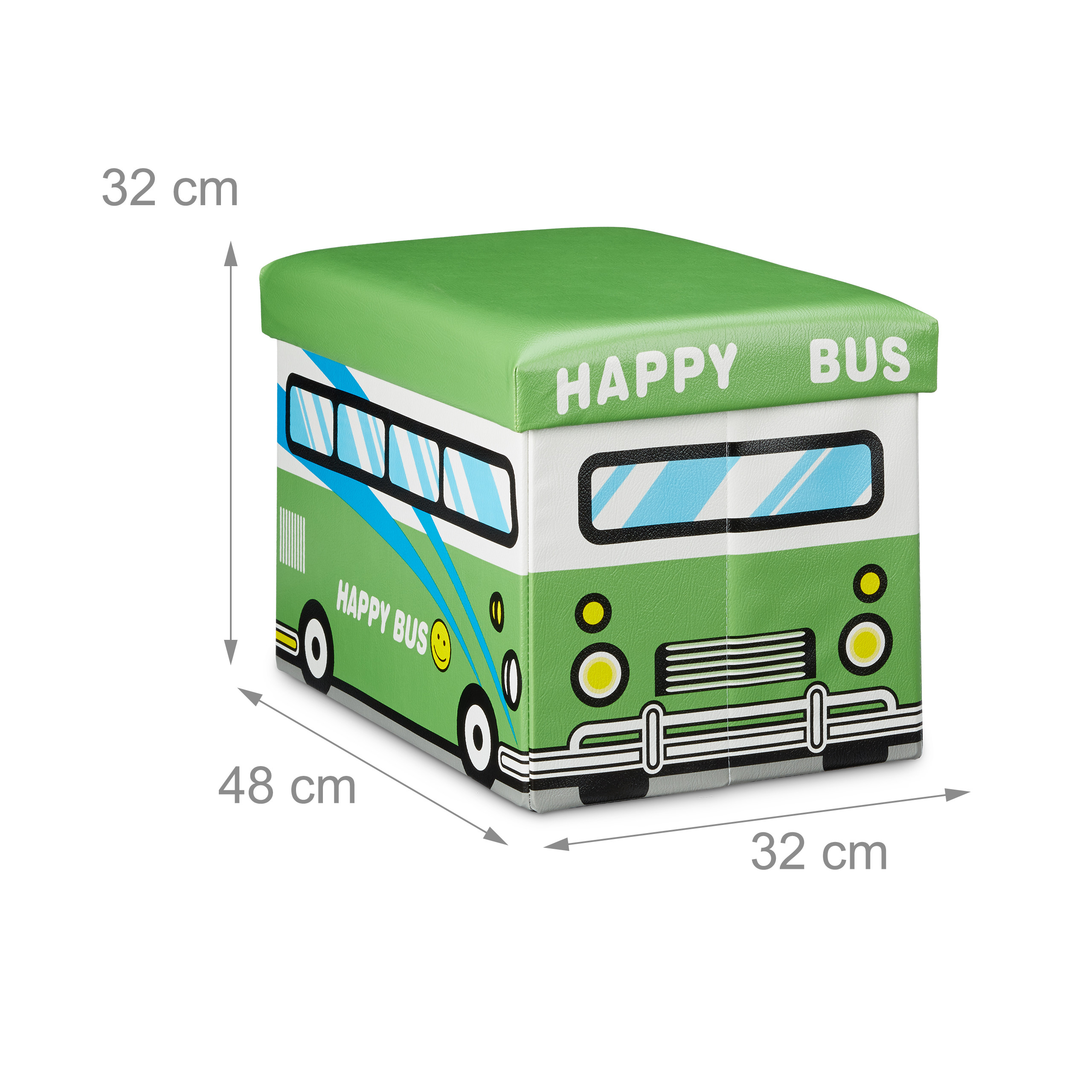 Eine grüne Spielzeugbus-Aufbewahrungsbox mit Maßen von 32x48x32 cm, Fenstern, Scheinwerfern und HAPPY BUS.
