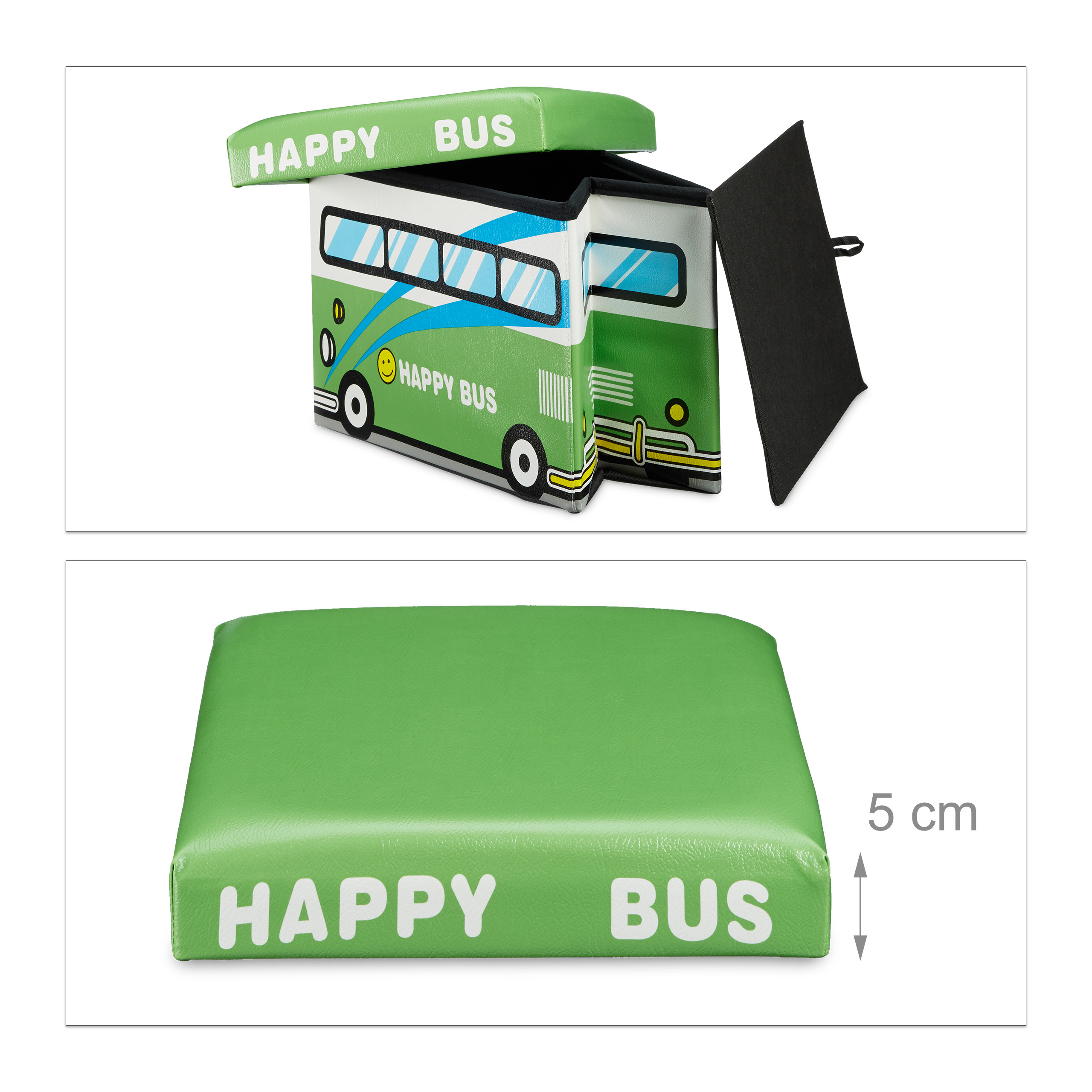 Gruene Spielzeugbox im Bus-Design mit offenem Deckel und separat gezeigtem, 5 cm dicken gepolsterten Deckel.