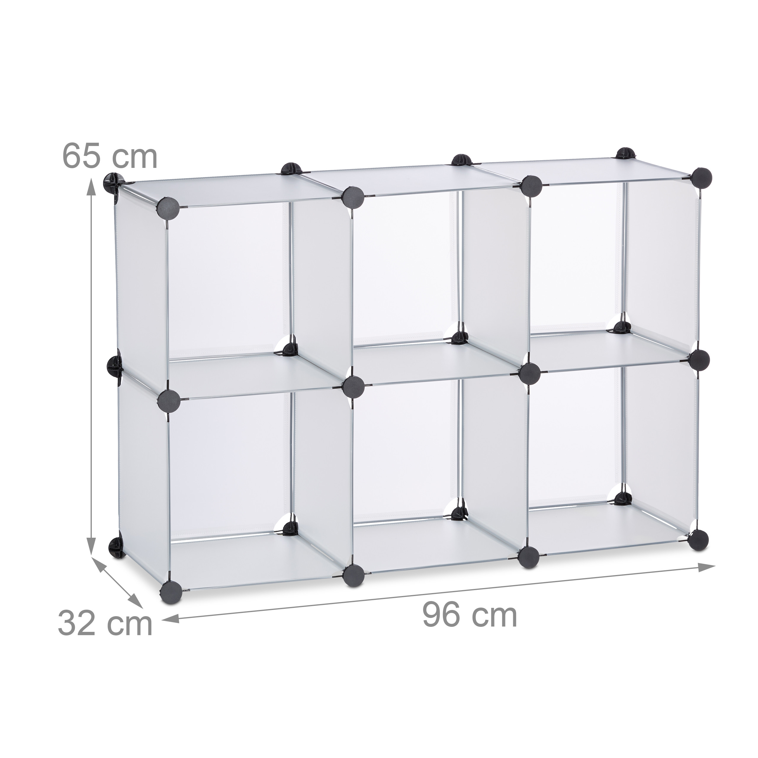 Modulares weißes Steckregal mit Maßen von 65x96x32 cm vor weißem Hintergrund.