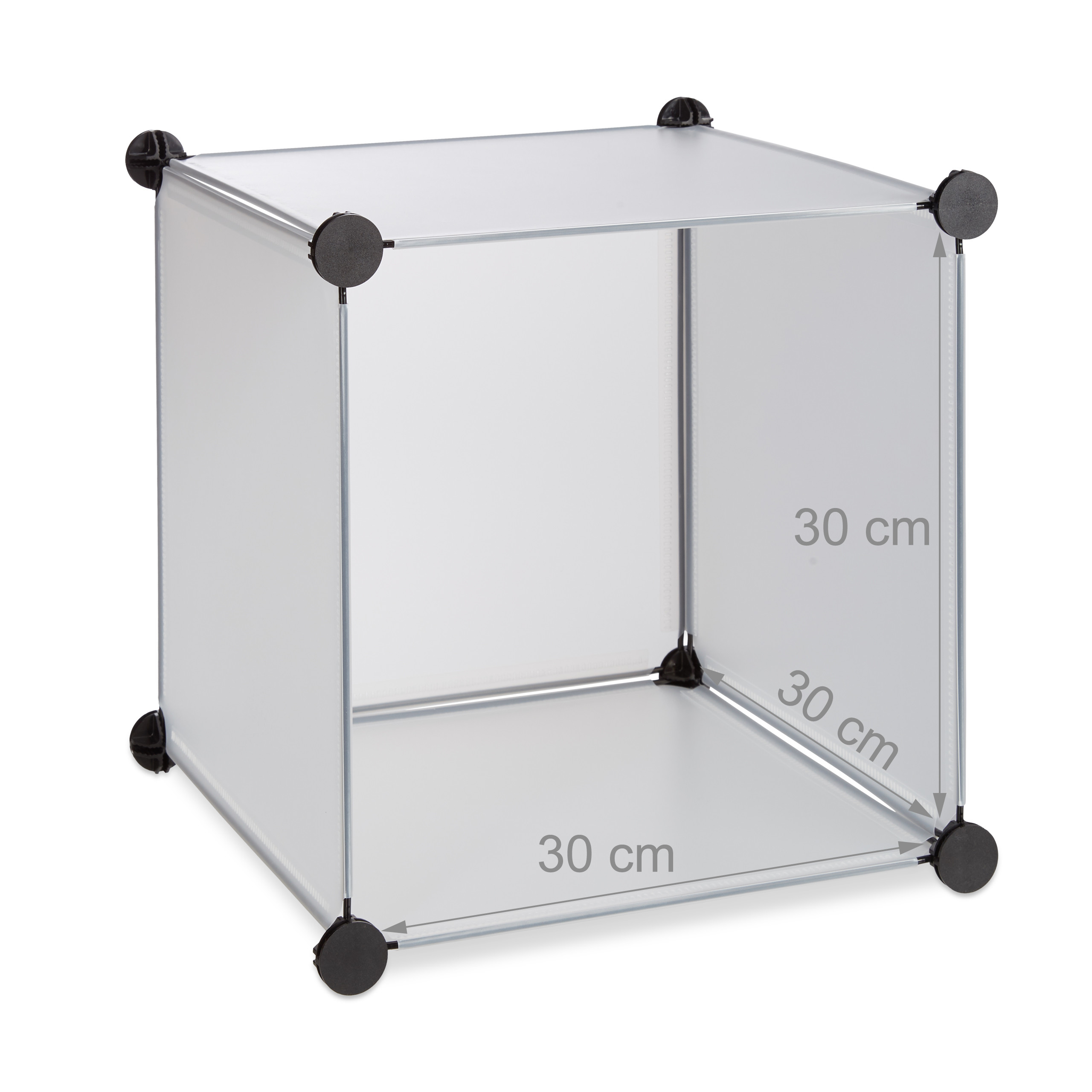 Ein weißer, quadratischer Regalkubus mit den Maßen 30x30x30 cm und schwarzen Steckverbindern auf weiÃŸem Hintergrund.
