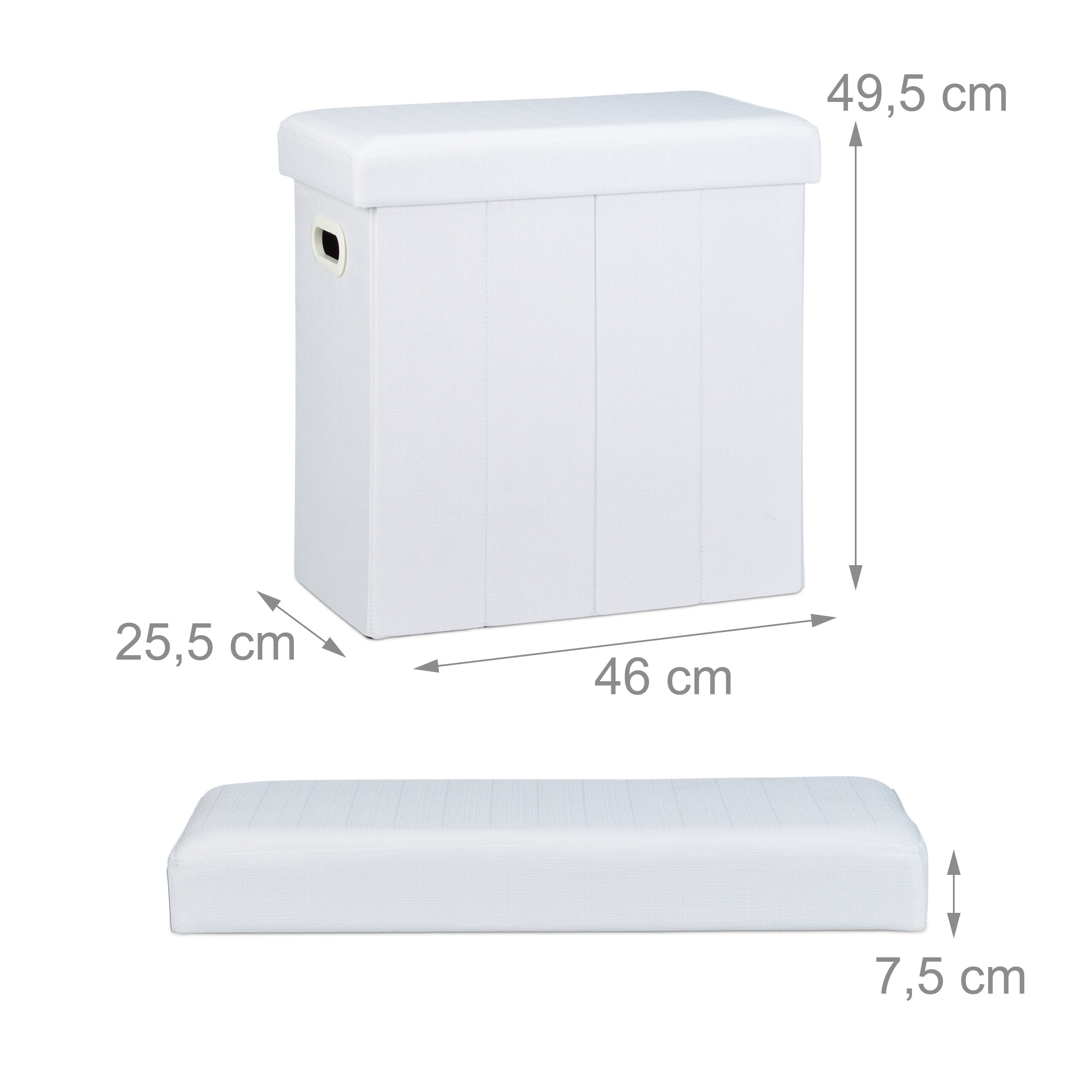 Weißer, faltbarer Hocker mit Maßen von 46x25,5x49,5 cm und separatem Polster.
