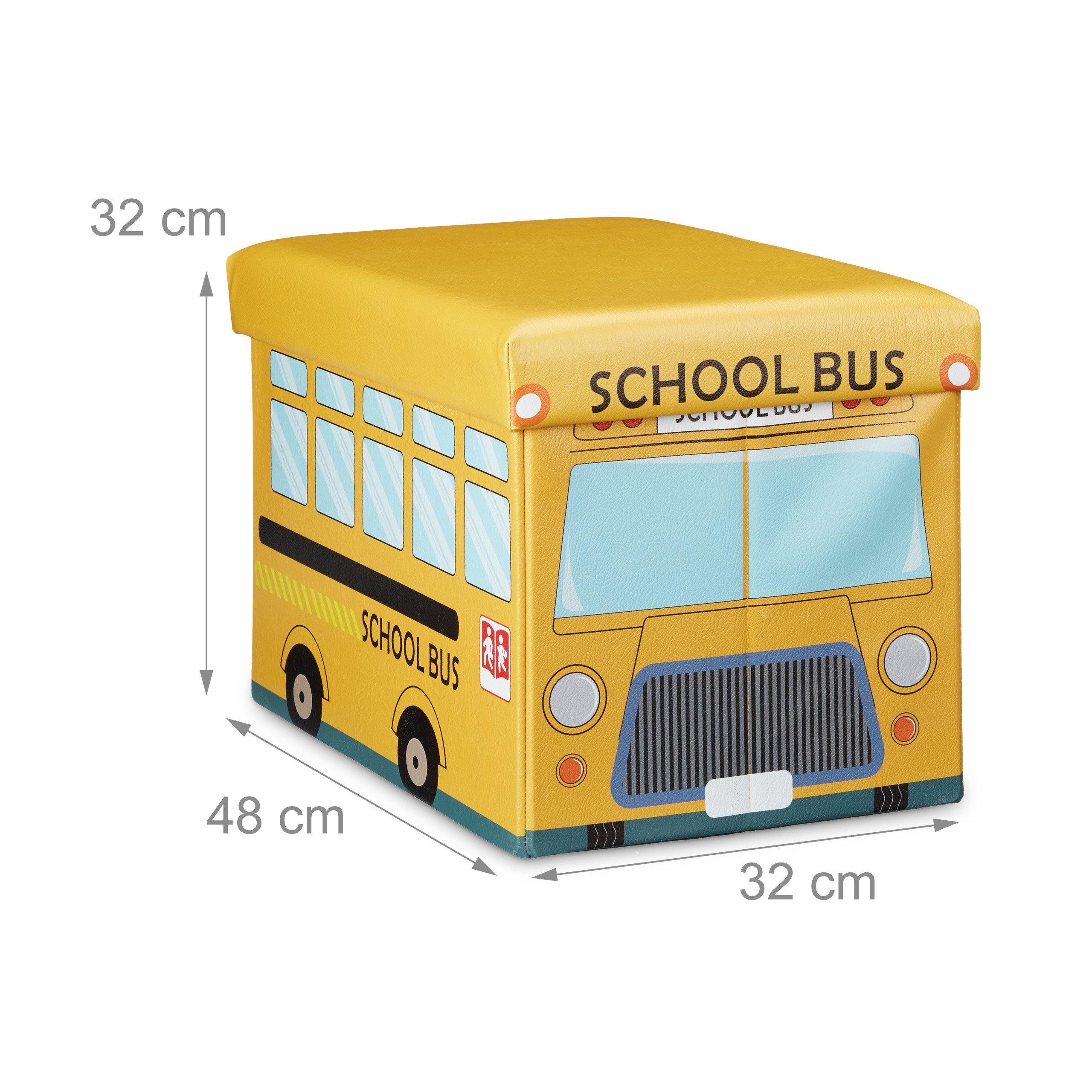 Gelber Aufbewahrungshocker im Schulbus-Design, Maße 48x32x32 cm, auf weißem Hintergrund.