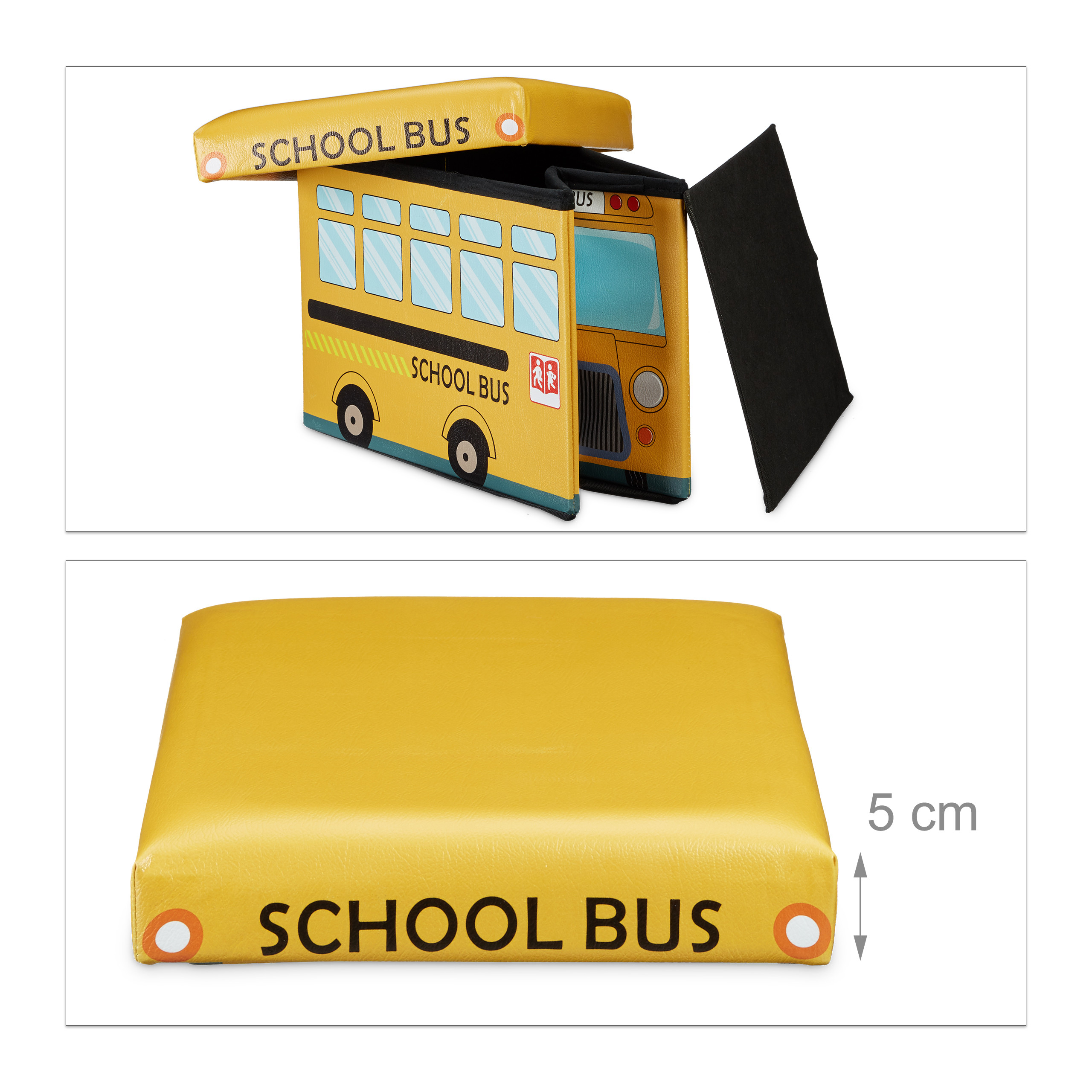 Gelber Aufbewahrungshocker im Schulbus-Design, geöffnet und als Deckel gezeigt.