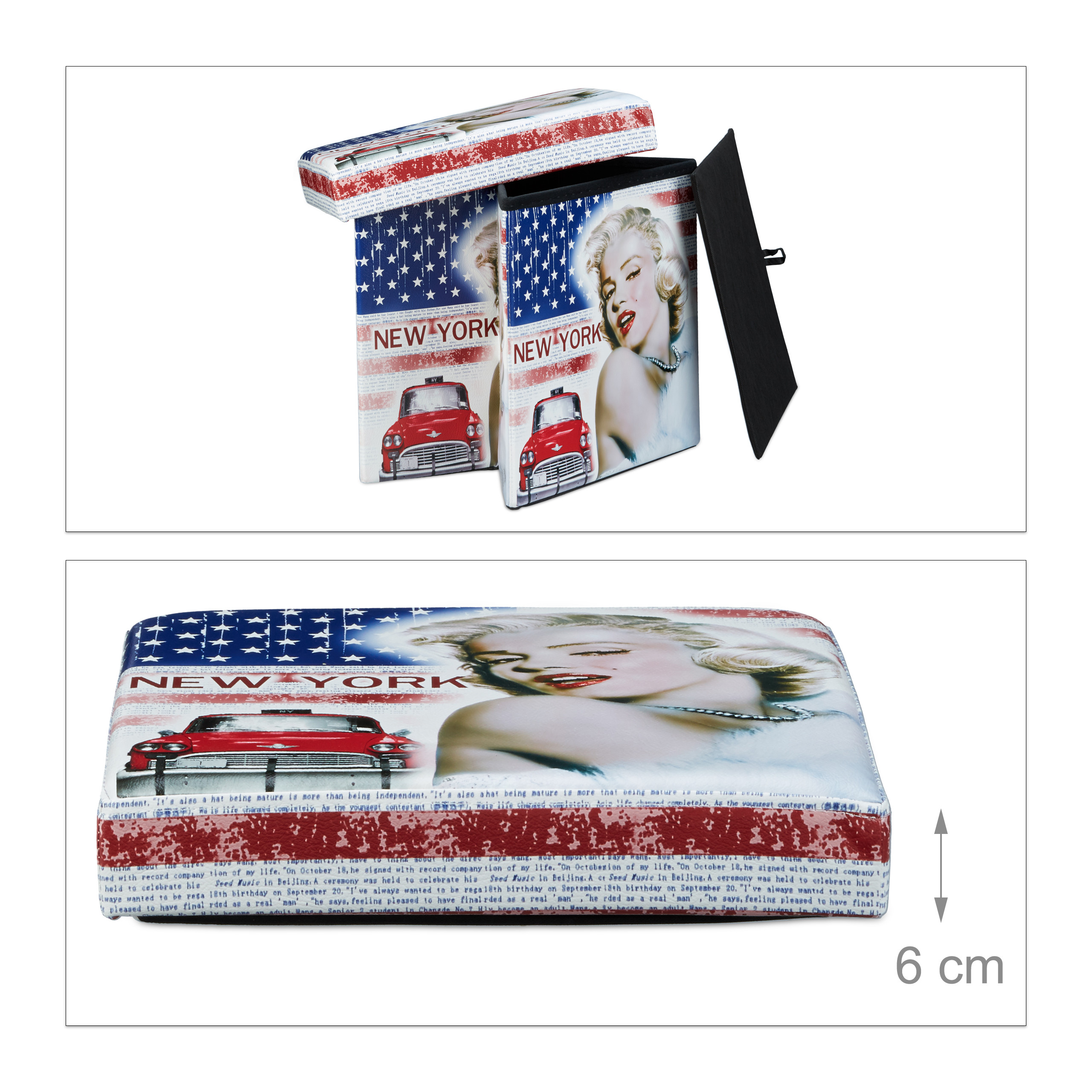 Ein Falthocker mit New York-, Marilyn-Monroe- und US-Flaggen-Motiv sowie ein gepolsterter Sitz mit 6 cm Höhe.