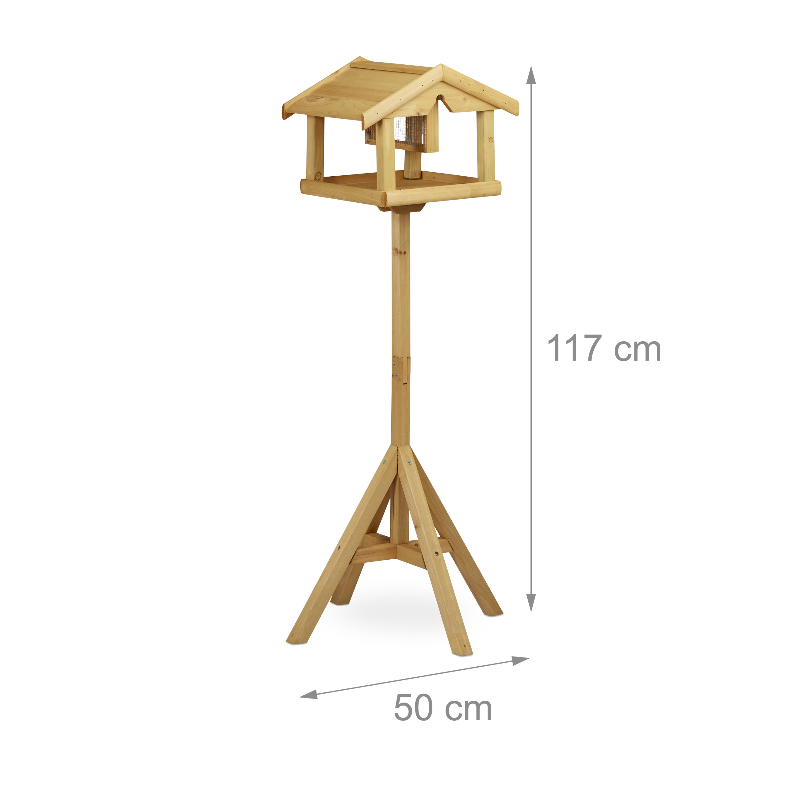 Holzvogelfutterhaus auf einem Ständer mit Maßen von 117 cm Höhe und 50 cm Breite.