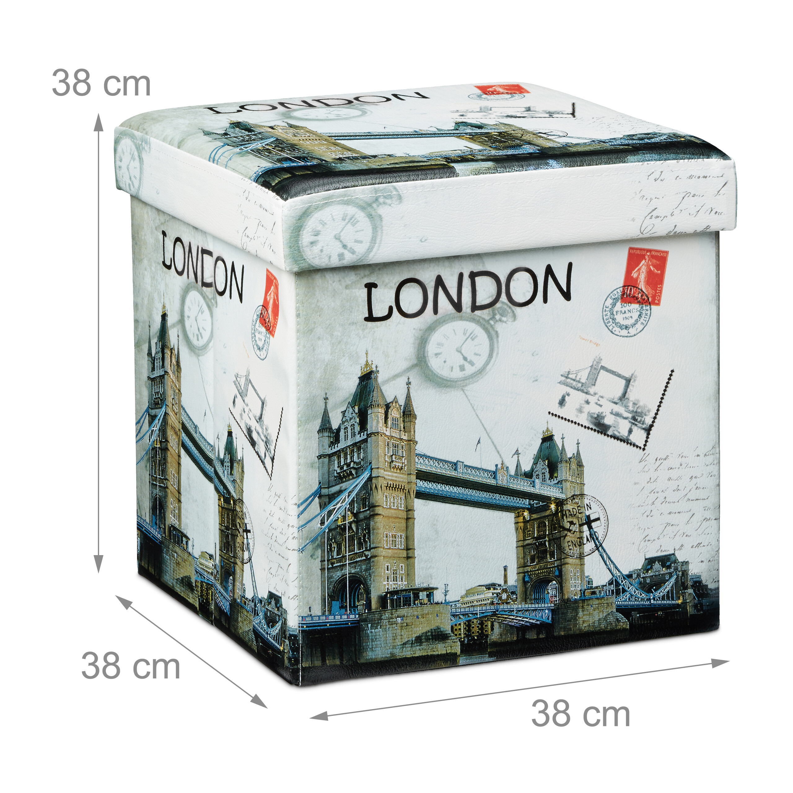 Quadratischer London-Hocker mit Tower Bridge, Stempeln und Uhr-Motiven, 38x38x38 cm.