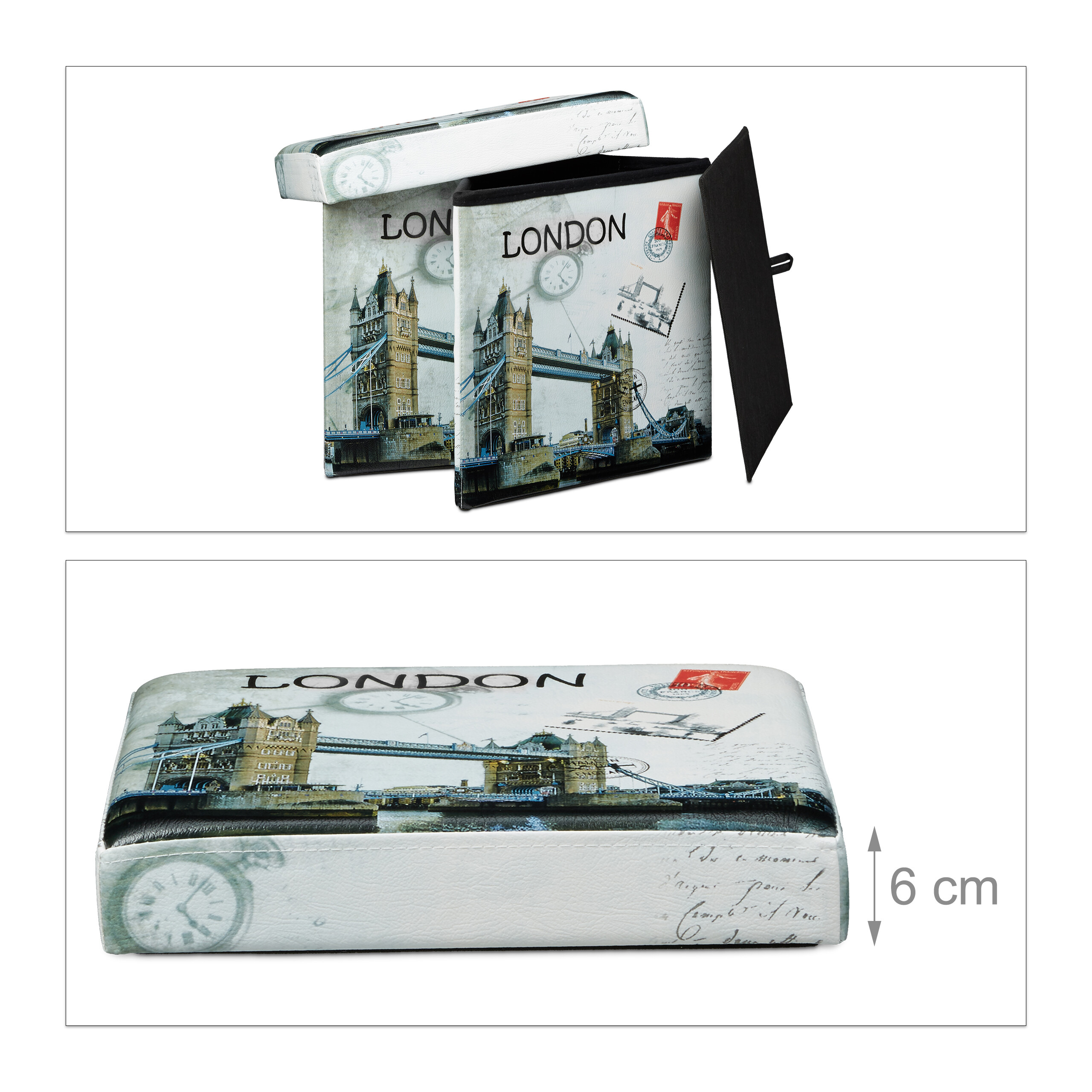 London Hocker mit Tower Bridge Motiv, offen und im gefalteten Zustand, 6 cm hoch.