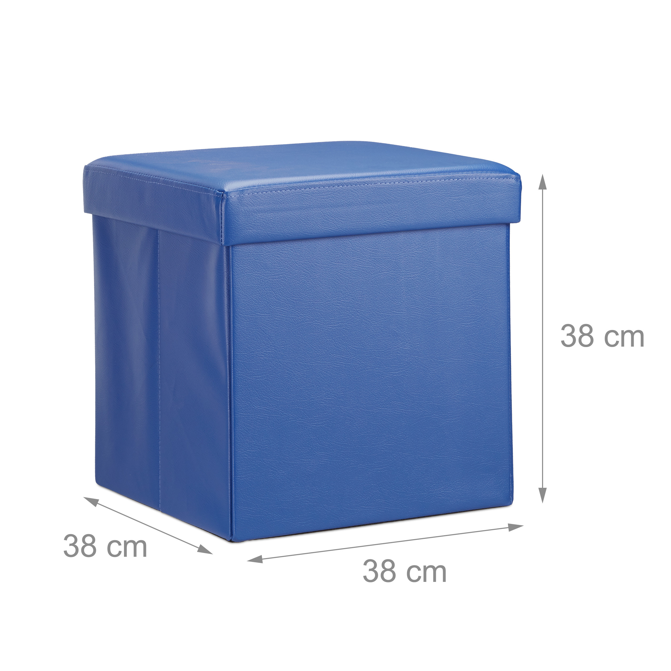 Ein blauer quadratischer Sitzhocker mit Maßen von je 38 cm in Höhe, Breite und Tiefe auf weißem Hintergrund.