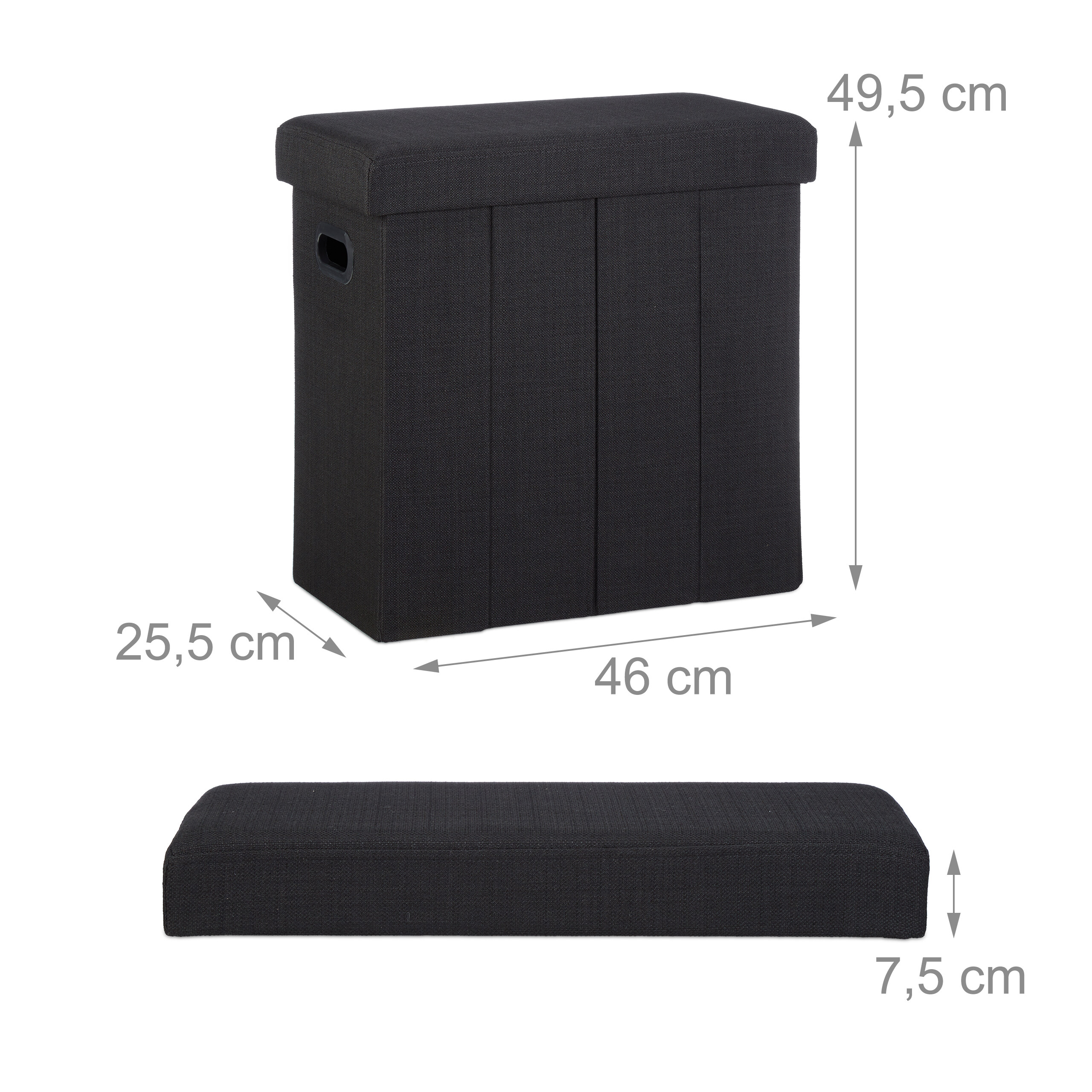 Schwarze Aufbewahrungsbox mit Sitzfläche, Maße 46x25,5x49,5 cm, und separatem Deckel.