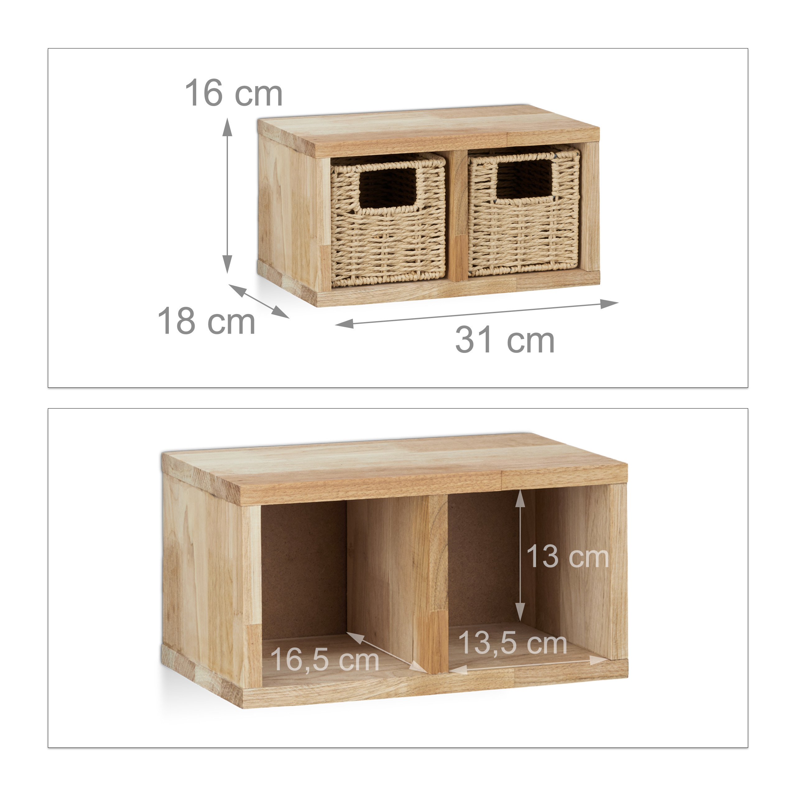 Holzregal mit zwei Fächern und Flechtkörben samt Maßangaben.
