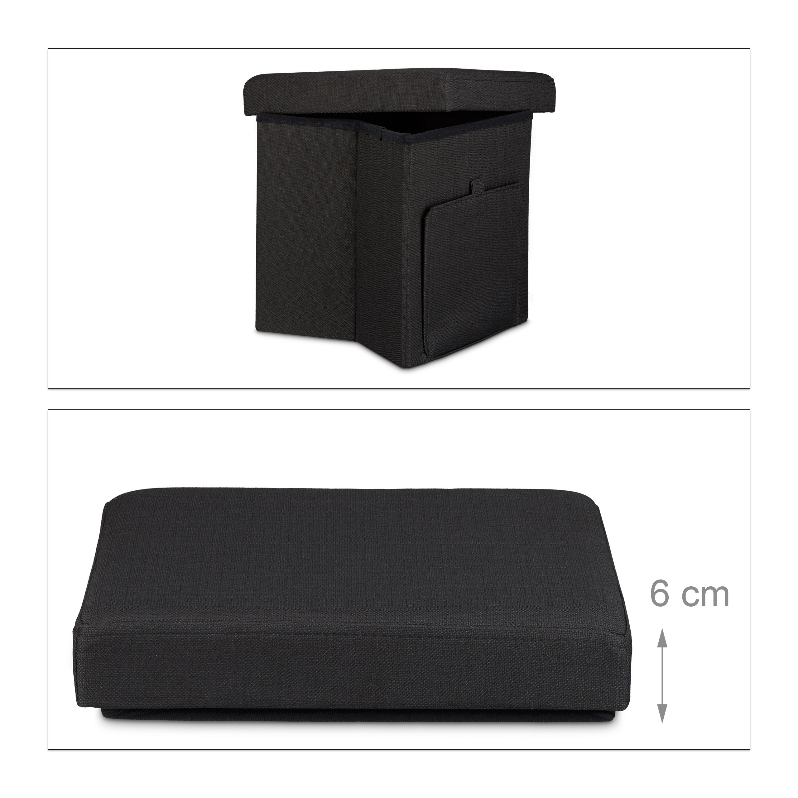 Schwarzer Klapphocker mit Stauraum, oben geöffnet und unten flach zusammengeklappt, 6 cm hoch.
