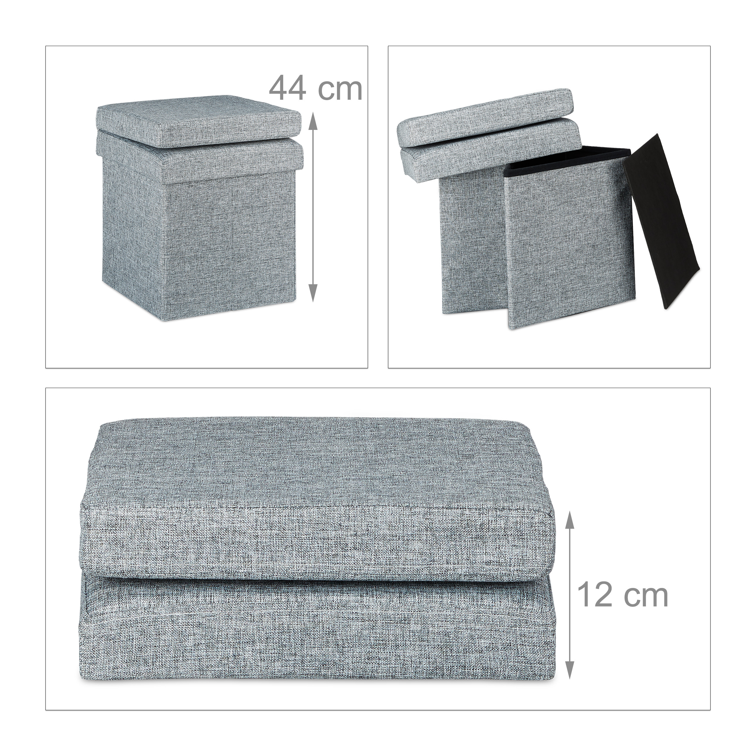 Grauer Stoff-Hocker mit 44 cm Höhe, faltbar und 12 cm hoch im zusammengeklappten Zustand.