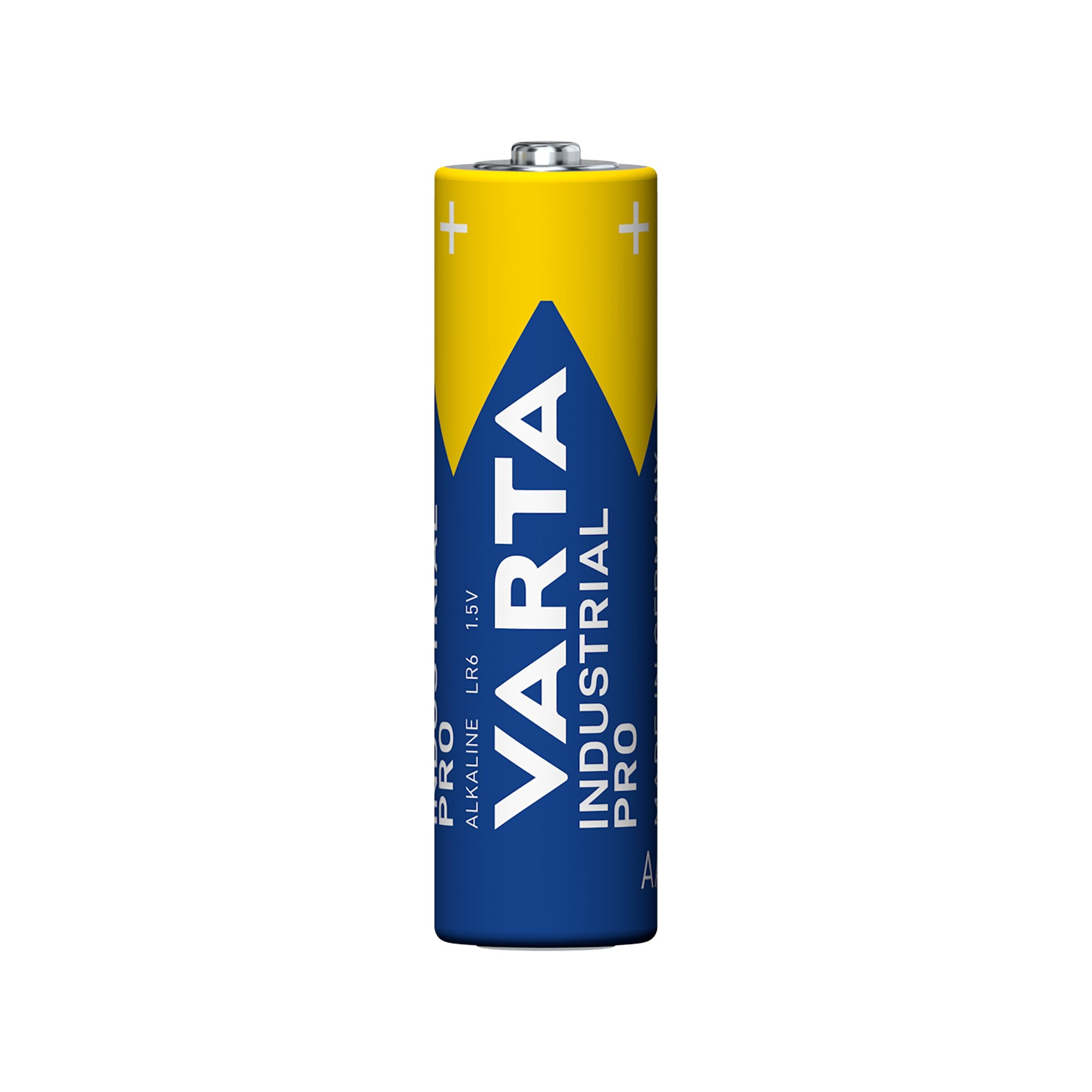 Eine blau-gelbe Varta Industrial Pro AA-Batterie mit weißer Aufschrift vor weißem Hintergrund.