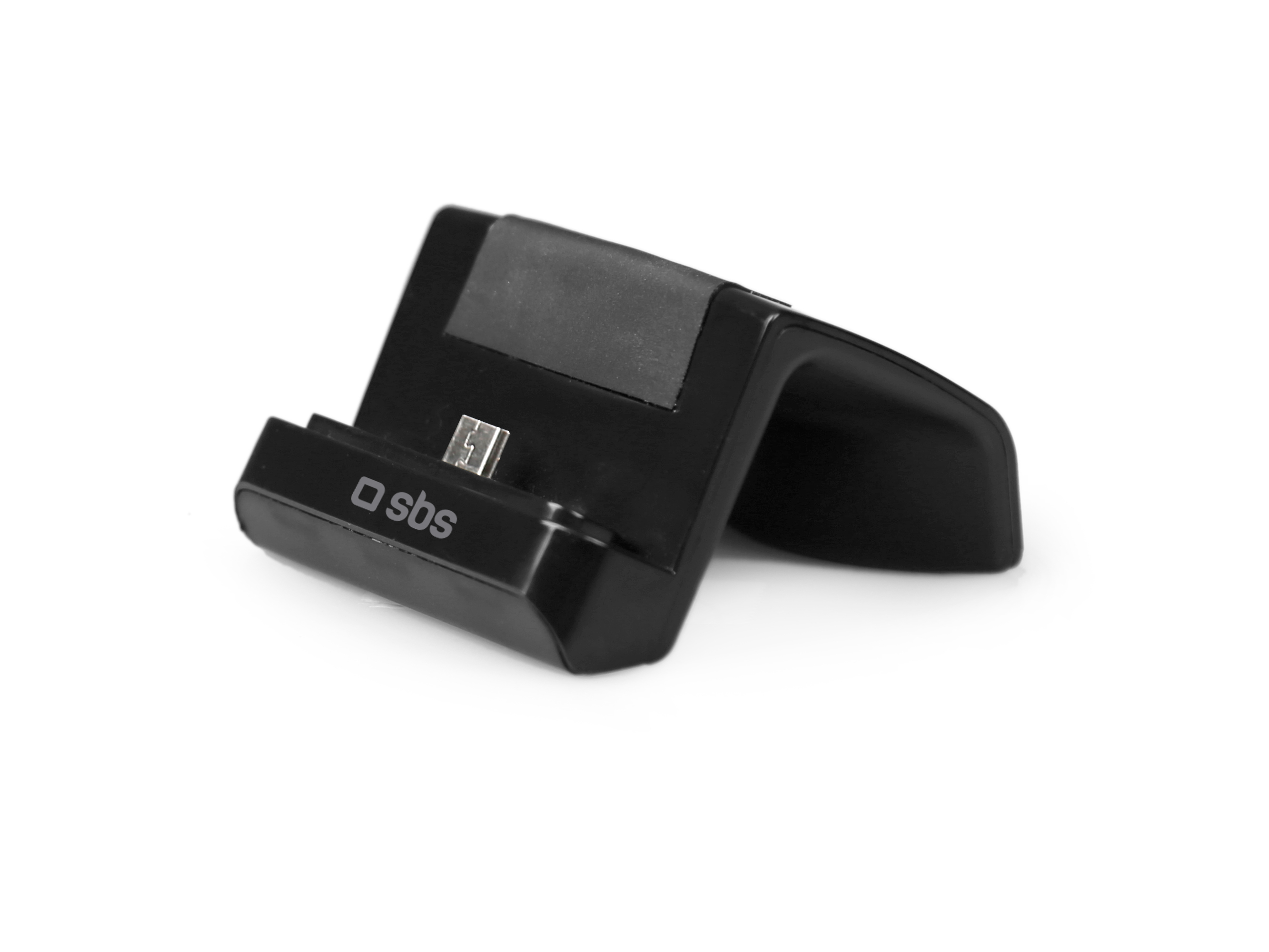 Base de carga para smartphone SBS negra con conector micro-USB sobre fondo blanco.