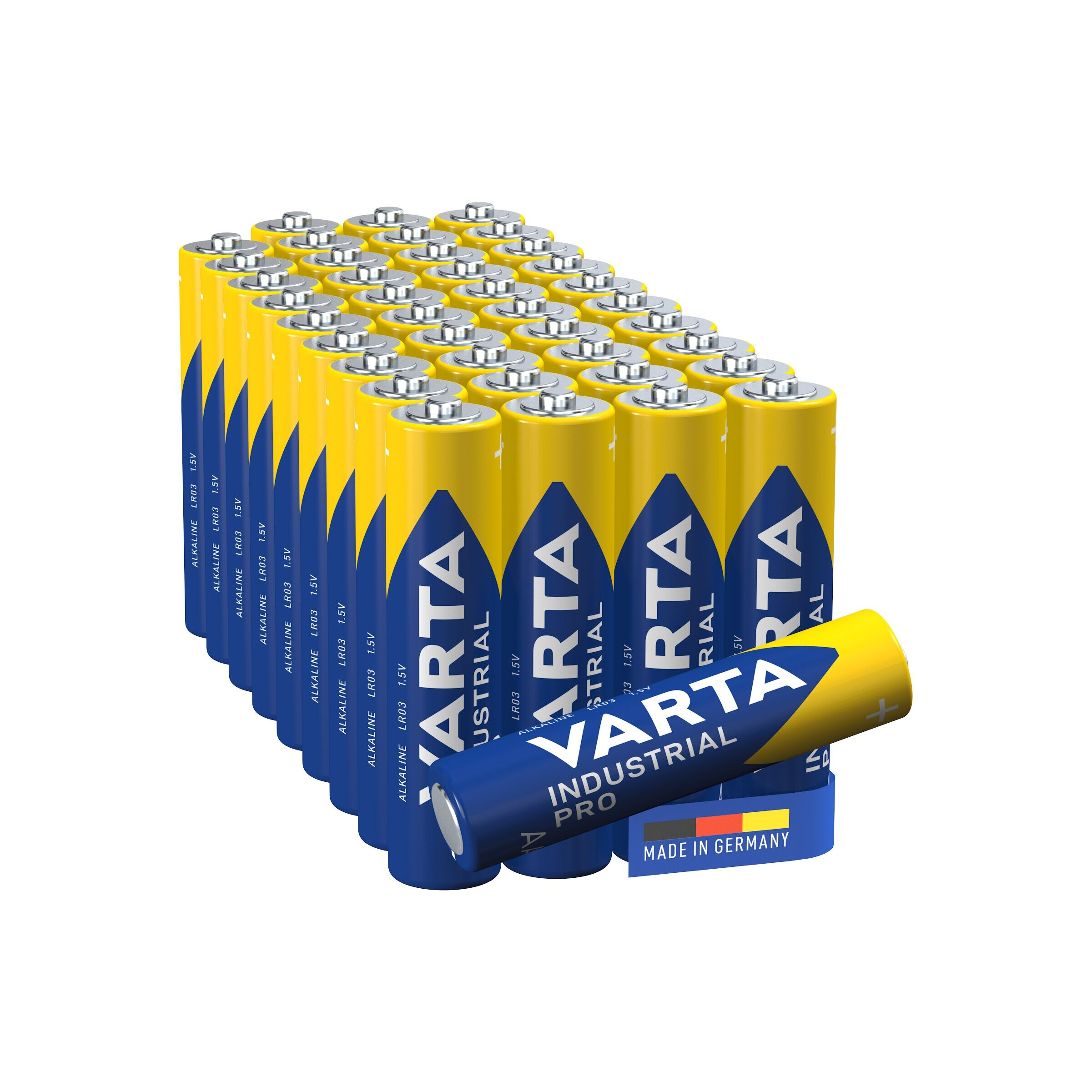 Ein Paket aus gelben und blauen VARTA Industrial Pro Batterien mit einer einzelnen Batterie im Vordergrund.