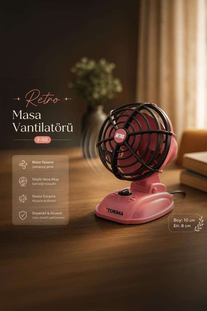 Ahşap masa üzerinde siyah koruyucu kafesli küçük pembe retro masa vantilatörü.
