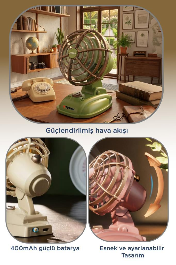 Kitap ve telefonlu masa üstünde yeşil retro vantilatör ve iki detay görseli.