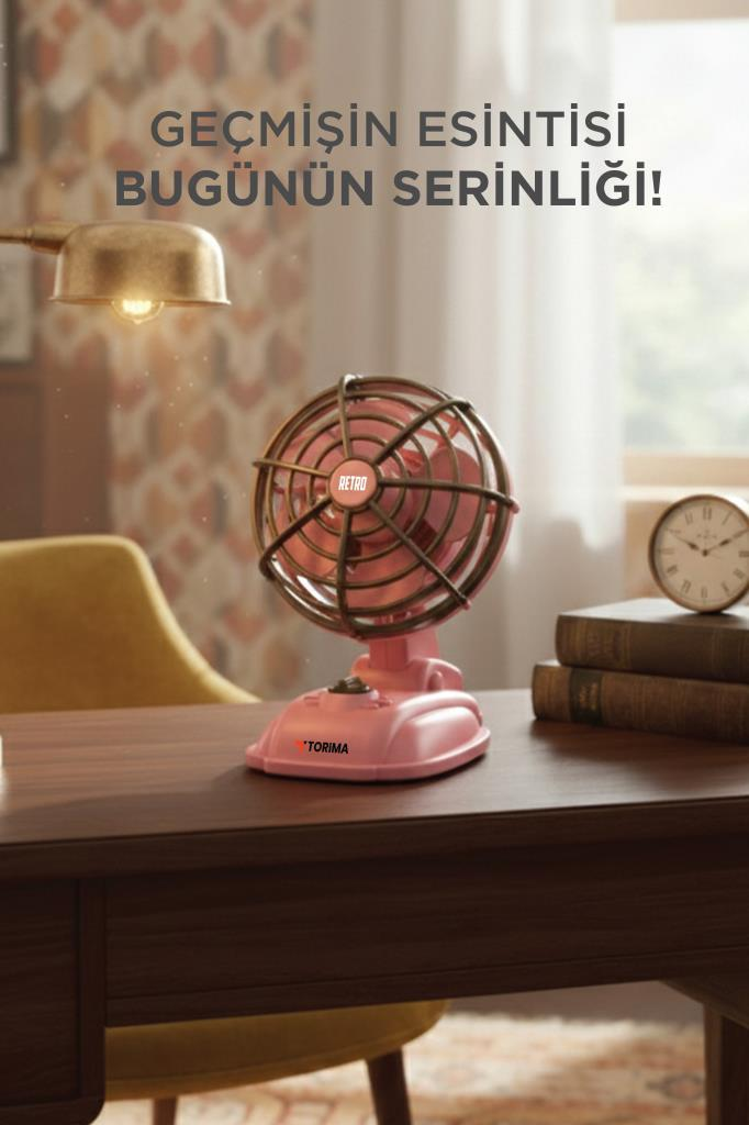 Ahşap masa üzerinde pembe retro masa vantilatörü, yanında kitaplar, saat ve lamba bulunuyor.