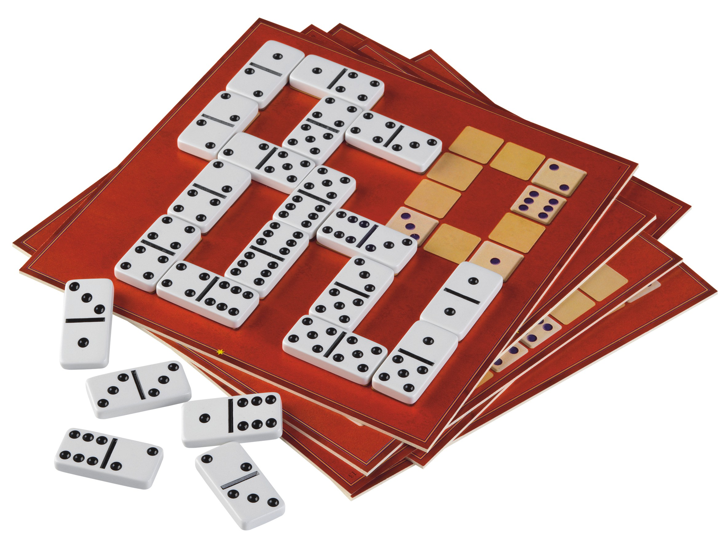 Weisse Dominosteine mit schwarzen Punkten liegen auf roten Spielbrettern.
