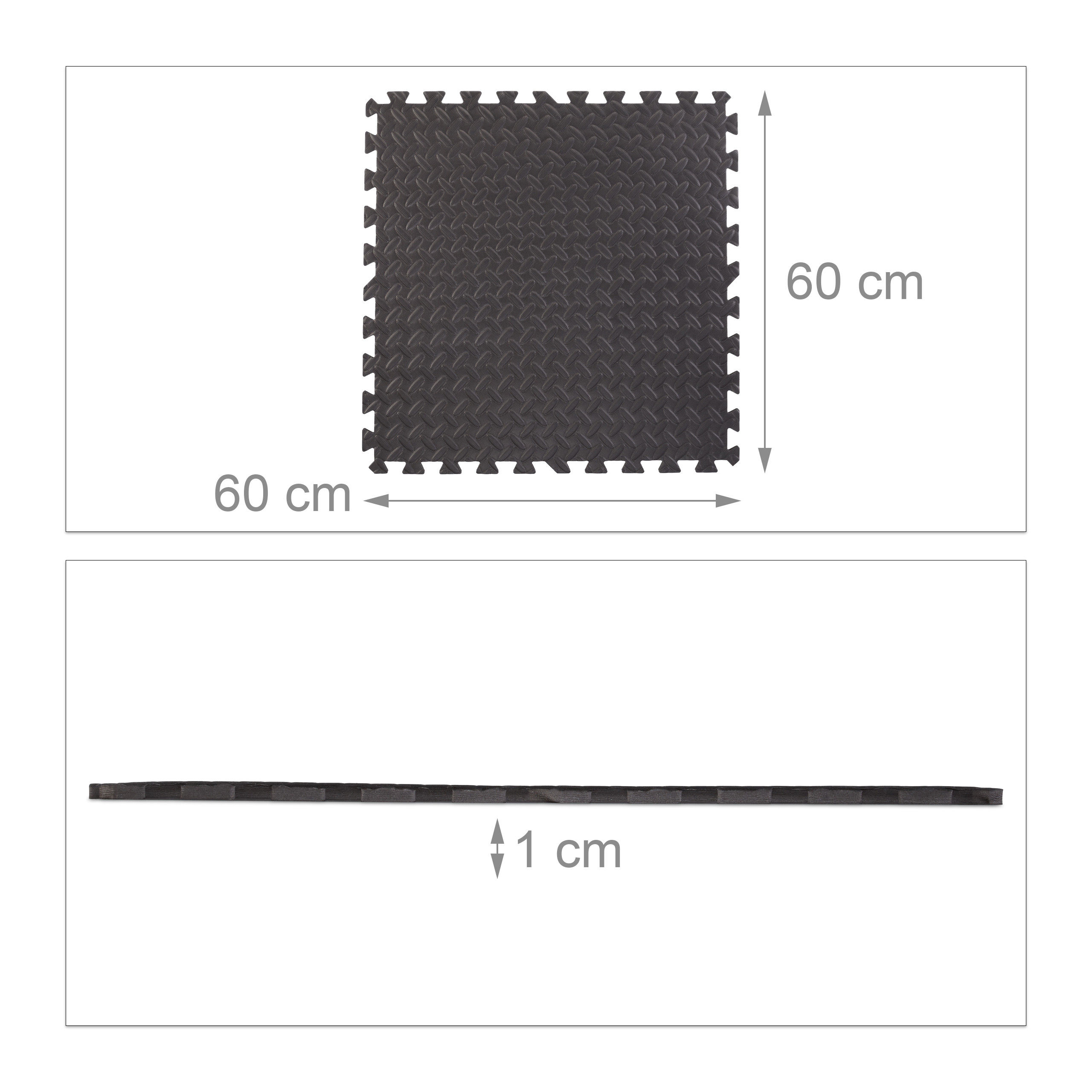 Schwarze Schaumstoff-Puzzlematte, 60x60 cm groß und 1 cm dick.
