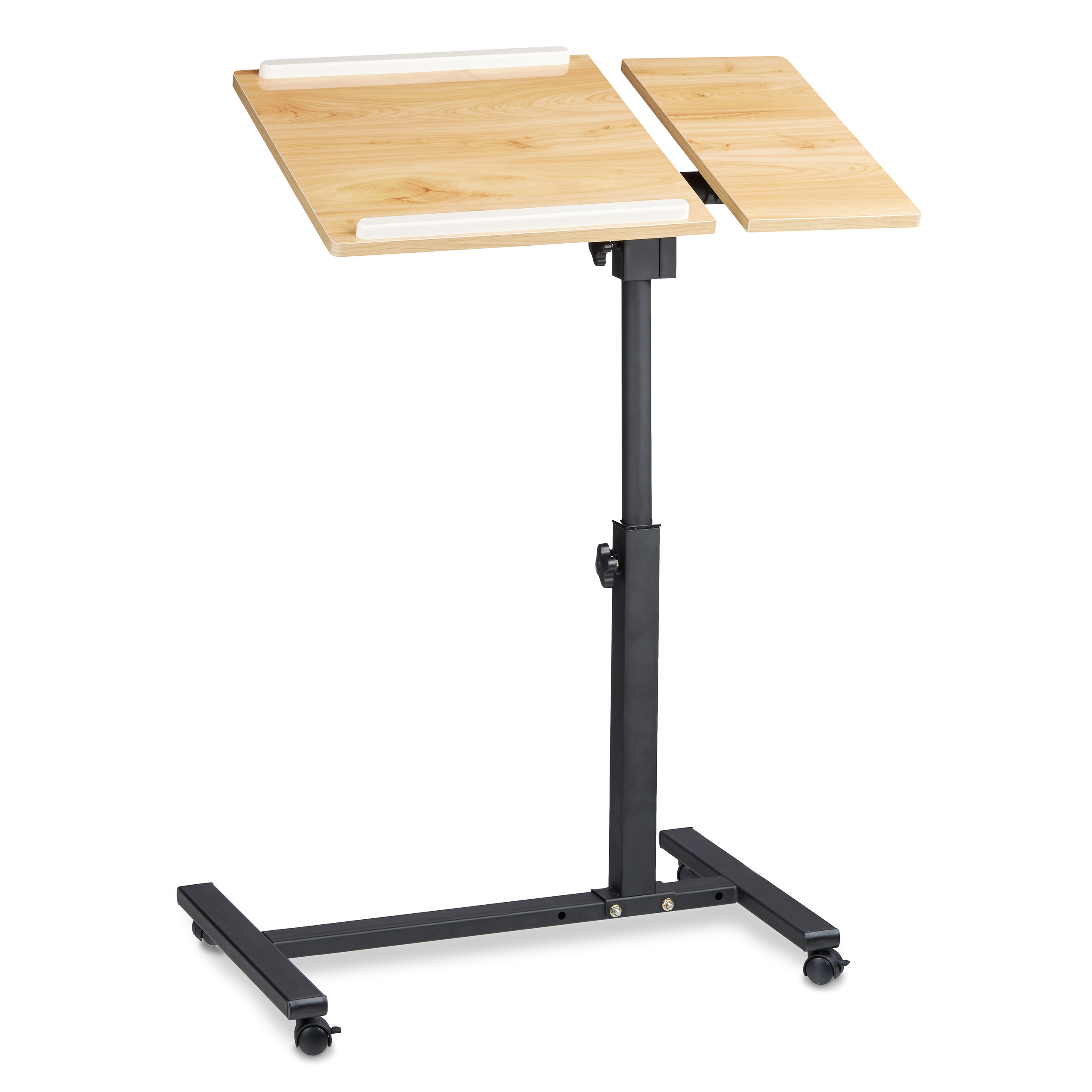 Ein verstellbarer Laptopständer aus Holz und schwarzem Metall mit Rollen.