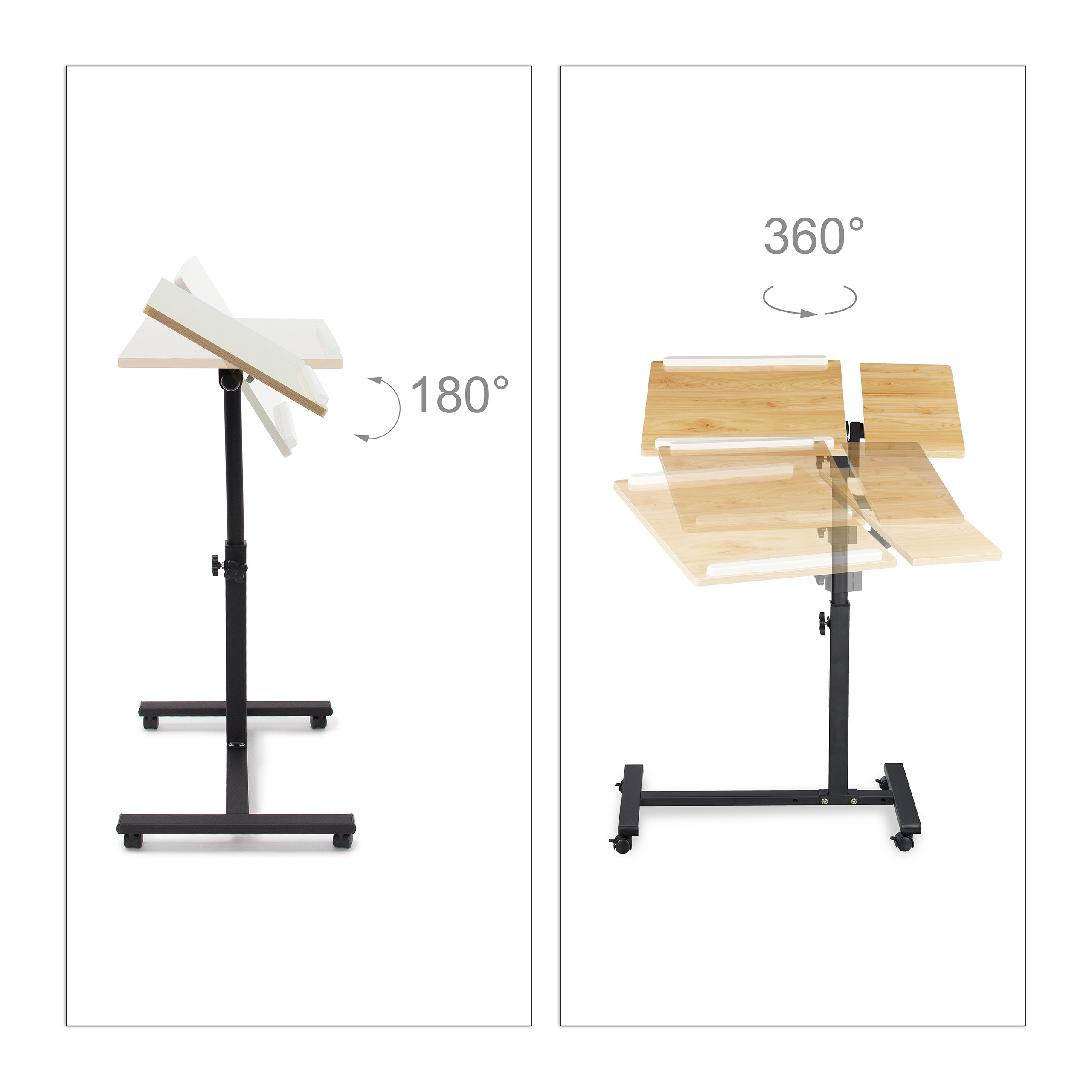 Verstellbarer Stehtisch aus Holz auf Rollen mit 180-Grad-Neigung und 360-Grad-Drehung.