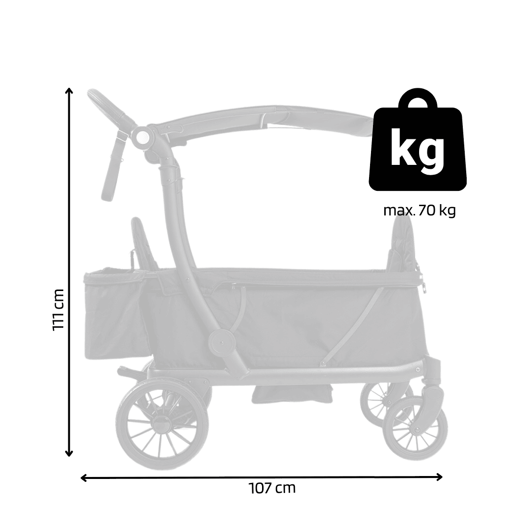 Seitenansicht eines Kinderwagens mit Maßen: Höhe 111 cm, Länge 107 cm, maximale Belastung 70 kg.