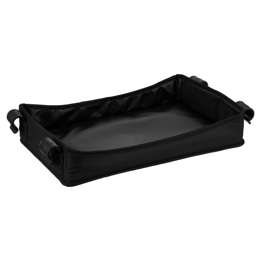 Ein schwarzes, flaches Stofftablett mit Clips an den Seiten vor weißem Hintergrund.