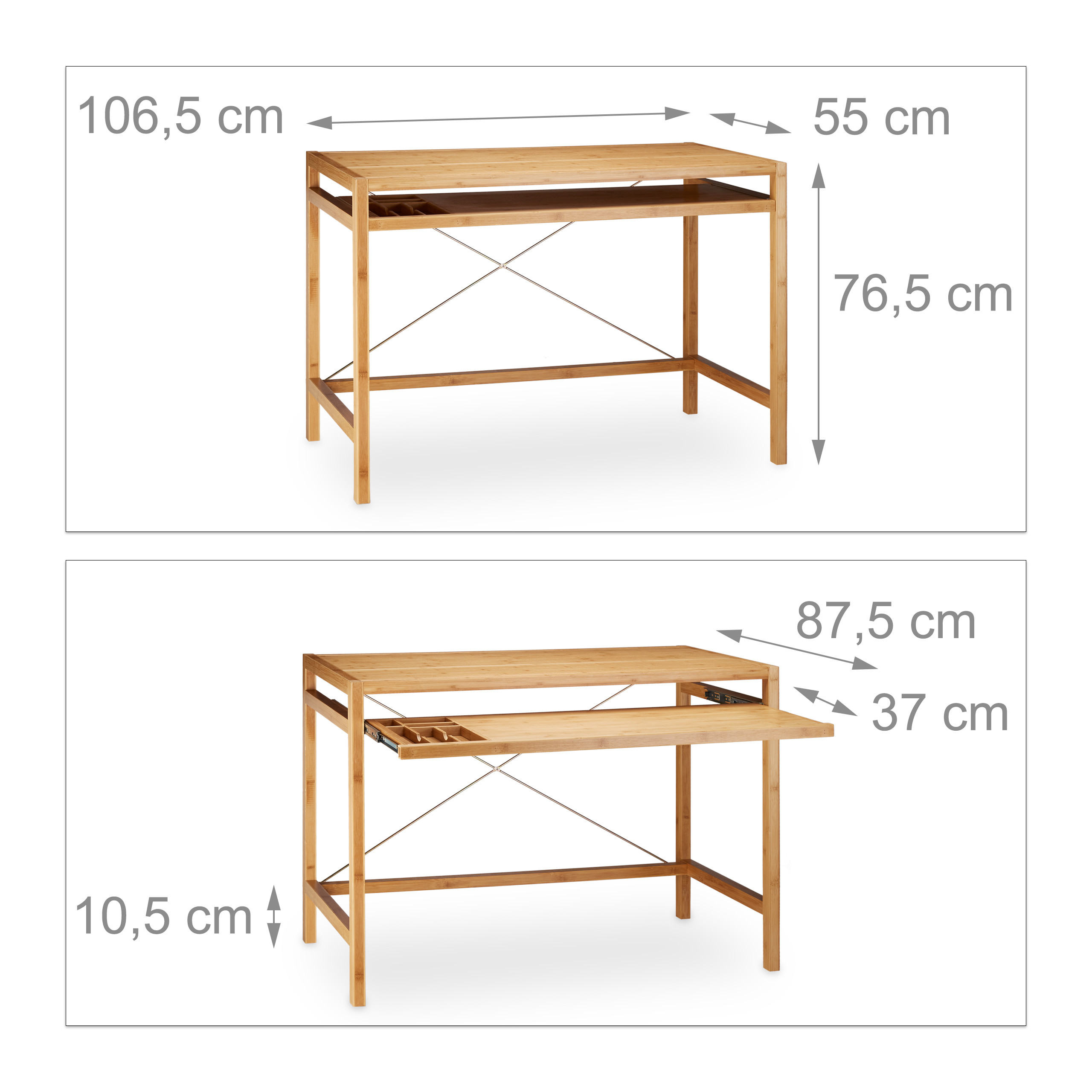 Holzschreibtisch mit Maßen: oben geschlossen, unten mit ausgezogener Schublade und Staufach.