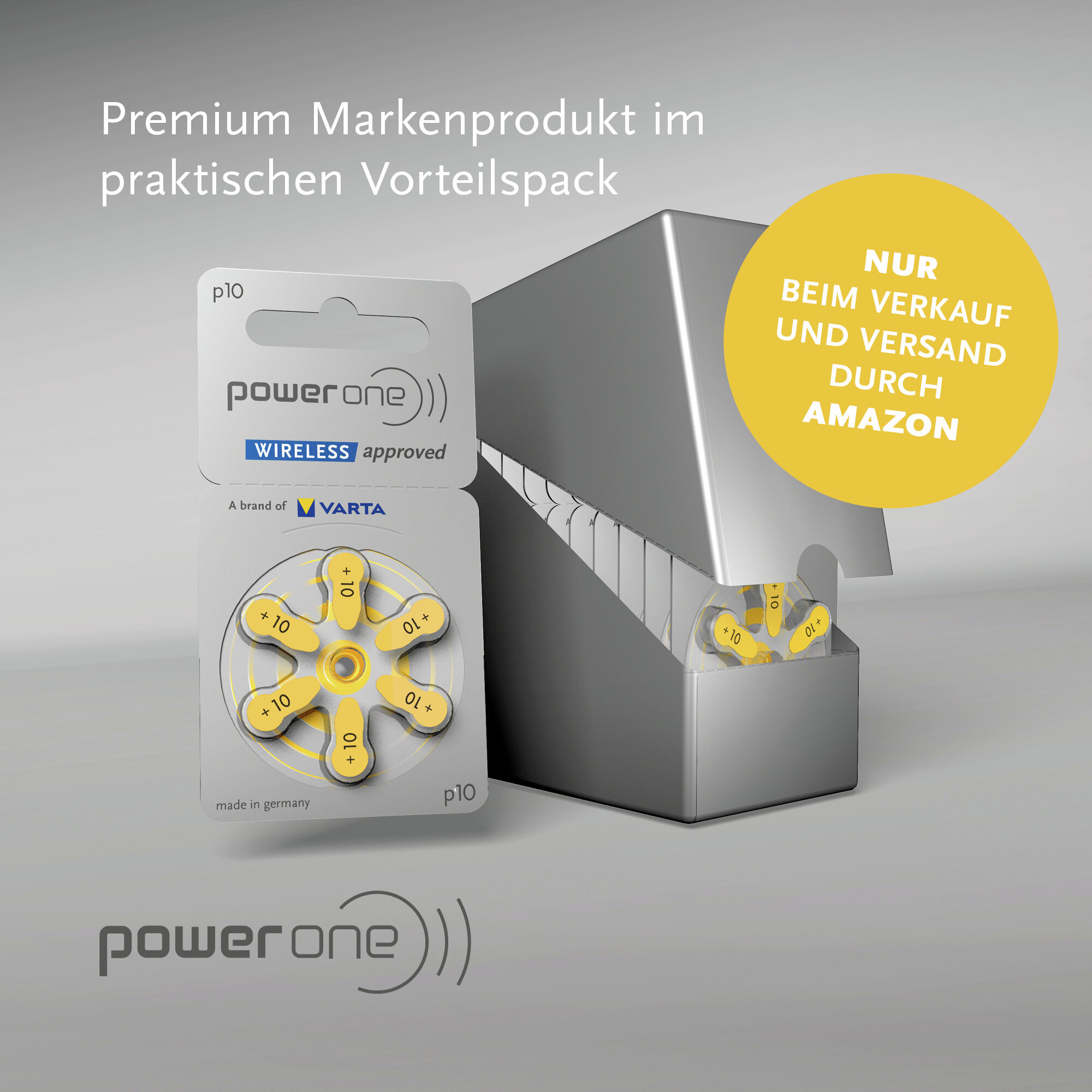 Power One P10 Batterieverpackung mit Varta-Logo neben einer silbernen Spenderbox vor grauem Hintergrund.